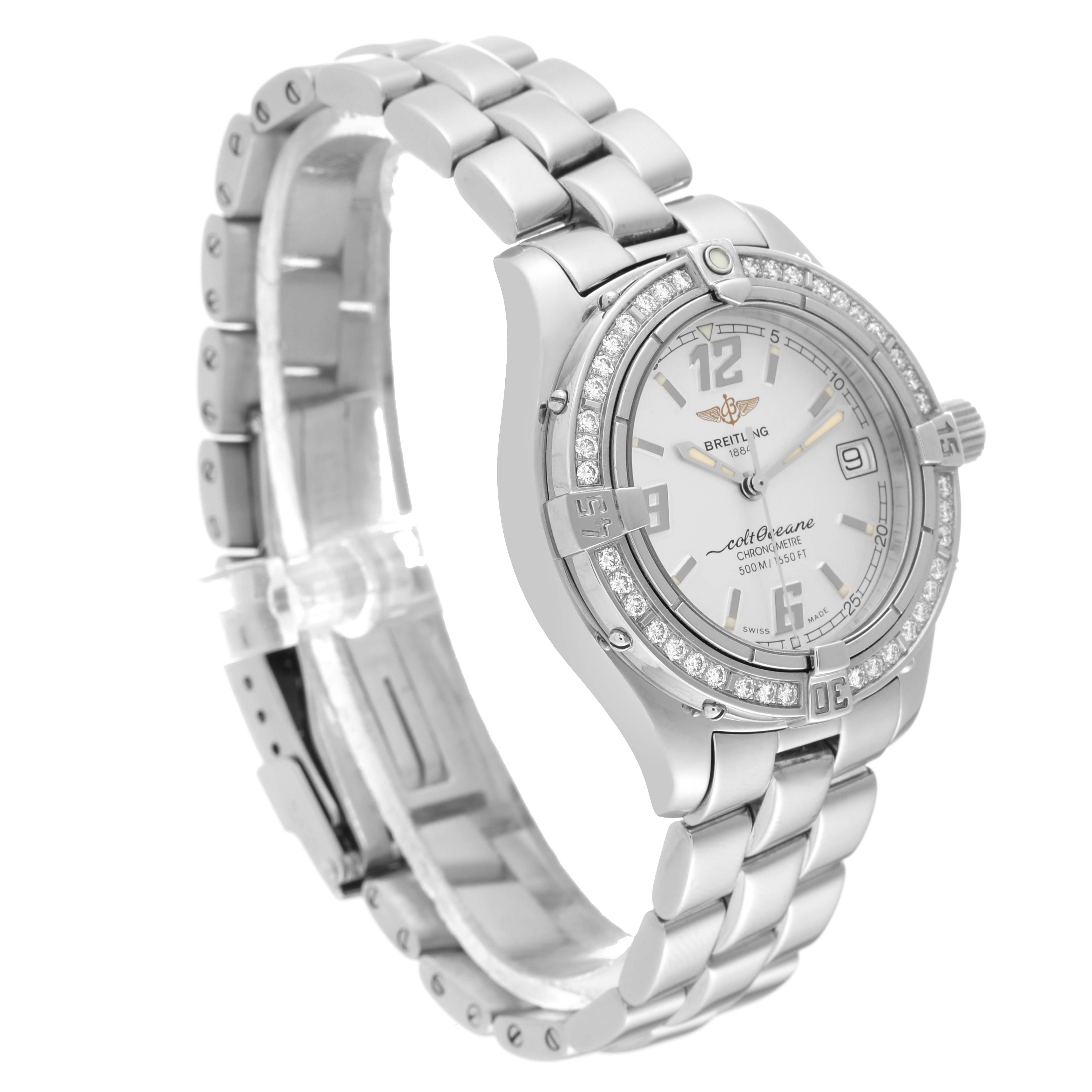 The image shows a Breitling A57350 Women
s Stainless Steel Silver Dial A57350 Women
s Stainless Steel Silver Dial Colt Oceane Silver Dial Diamond Steel Ladies Watch A57350 from a front-left angle, highlighting its face, bezel, and bracelet.