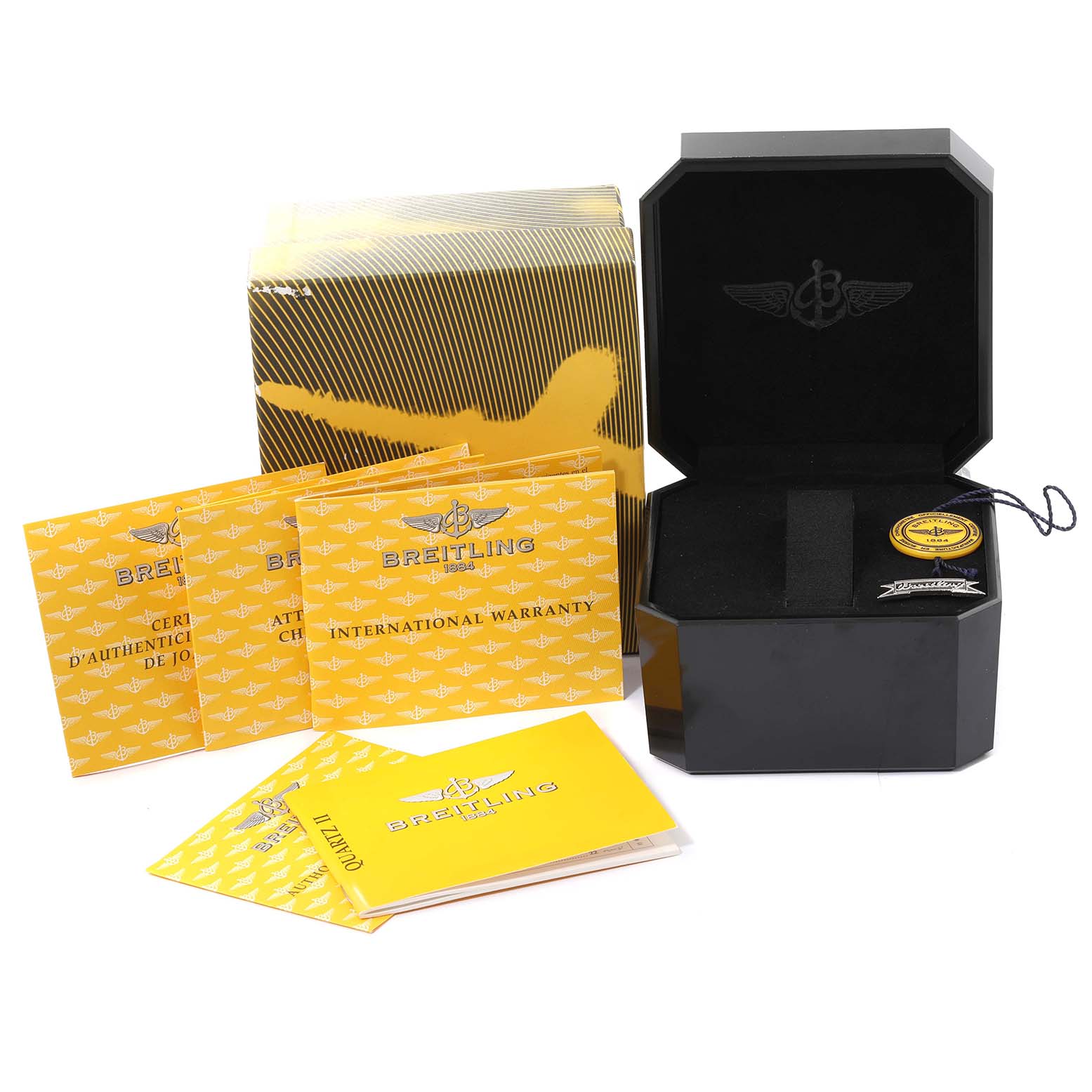 This image shows the packaging, warranty, and certificates of the Breitling A57350 Women
s Stainless Steel Silver Dial A57350 Women
s Stainless Steel Silver Dial Colt Oceane Silver Dial Diamond Steel Ladies Watch A57350.