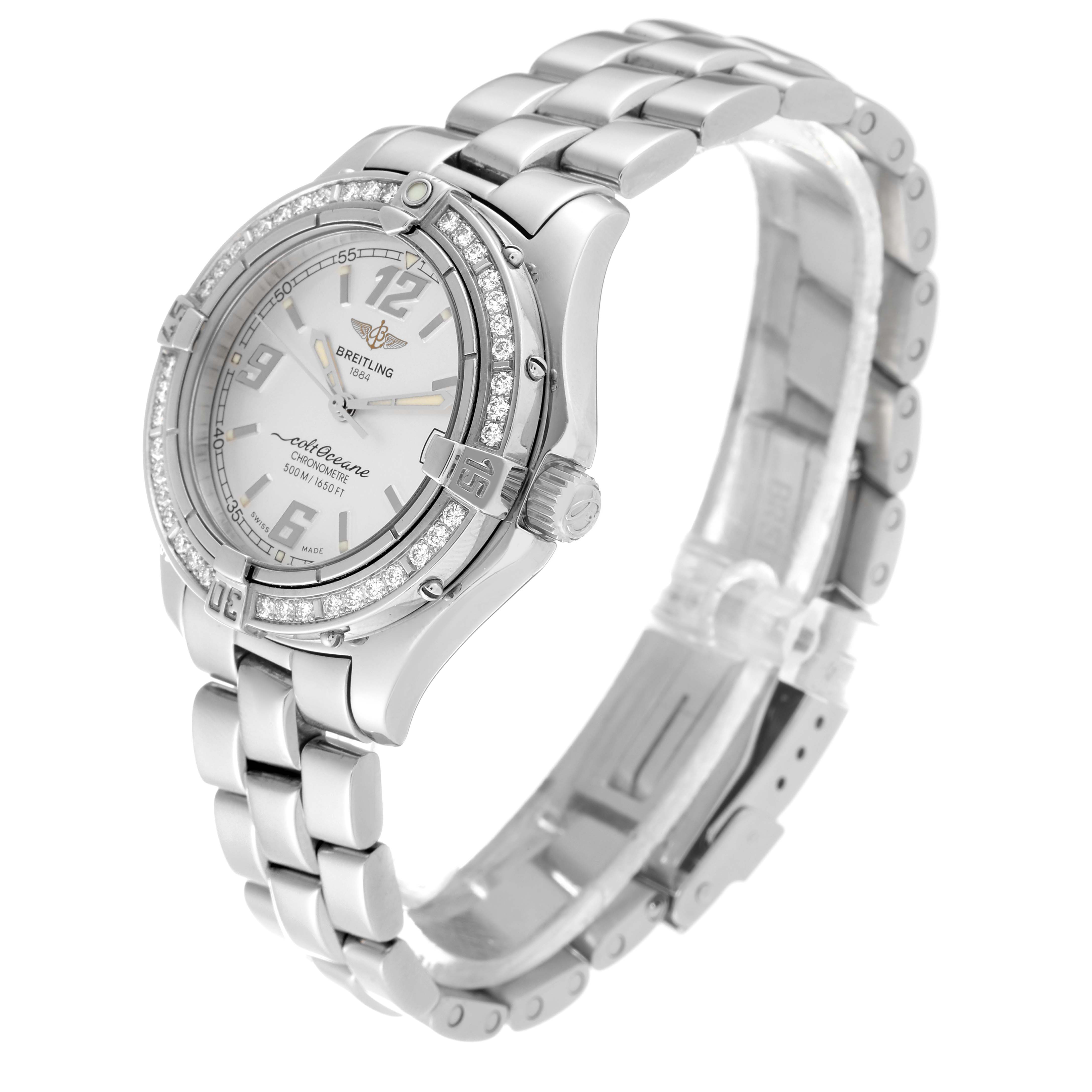 The image shows a side angle of the Breitling A57350 Women
s Stainless Steel Silver Dial A57350 Women
s Stainless Steel Silver Dial Colt Oceane Silver Dial Diamond Steel Ladies Watch A57350, highlighting the band and face.