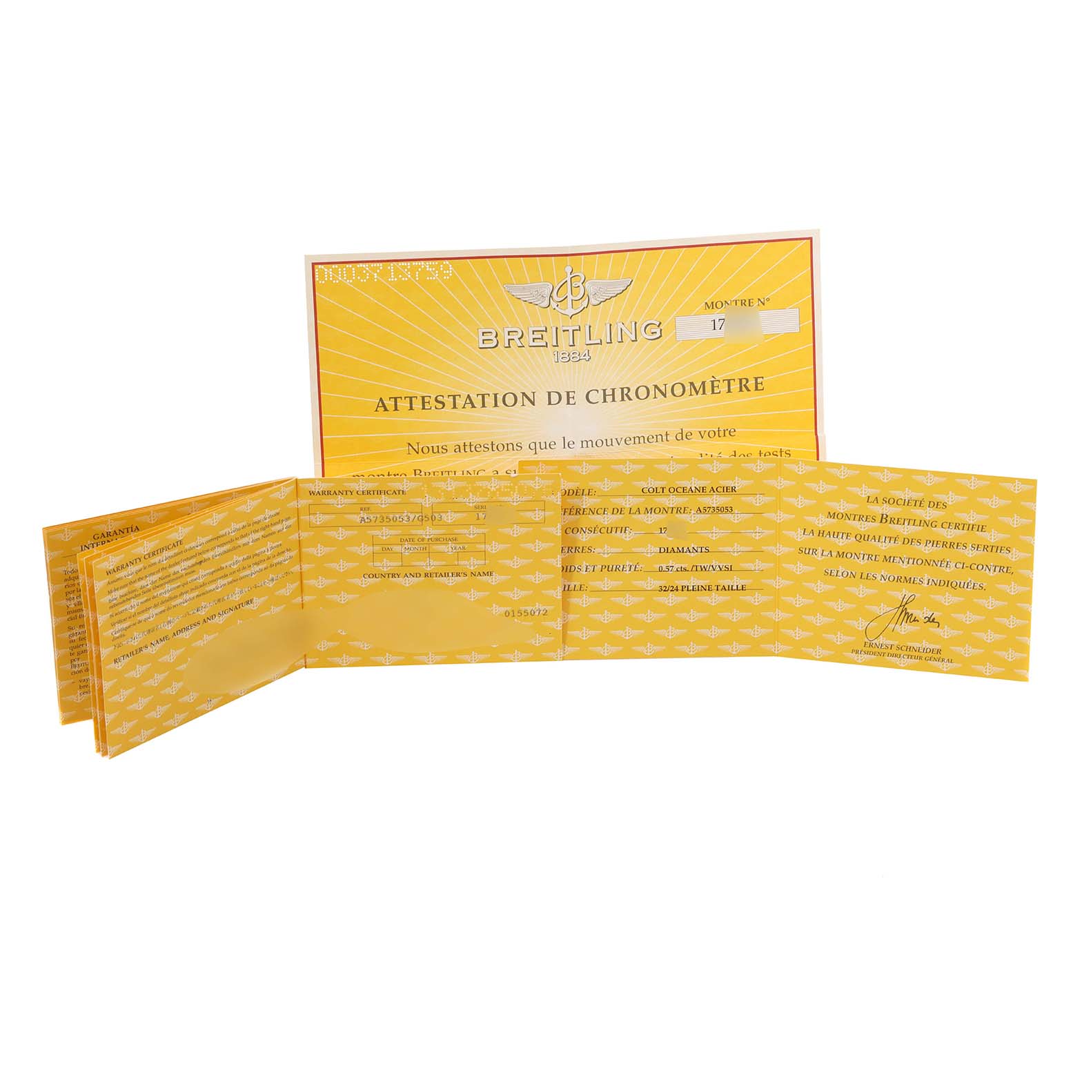 This image shows the certification and warranty cards for the Breitling A57350 Women
s Stainless Steel Silver Dial A57350 Women
s Stainless Steel Silver Dial Colt Oceane Silver Dial Diamond Steel Ladies Watch A57350 model.