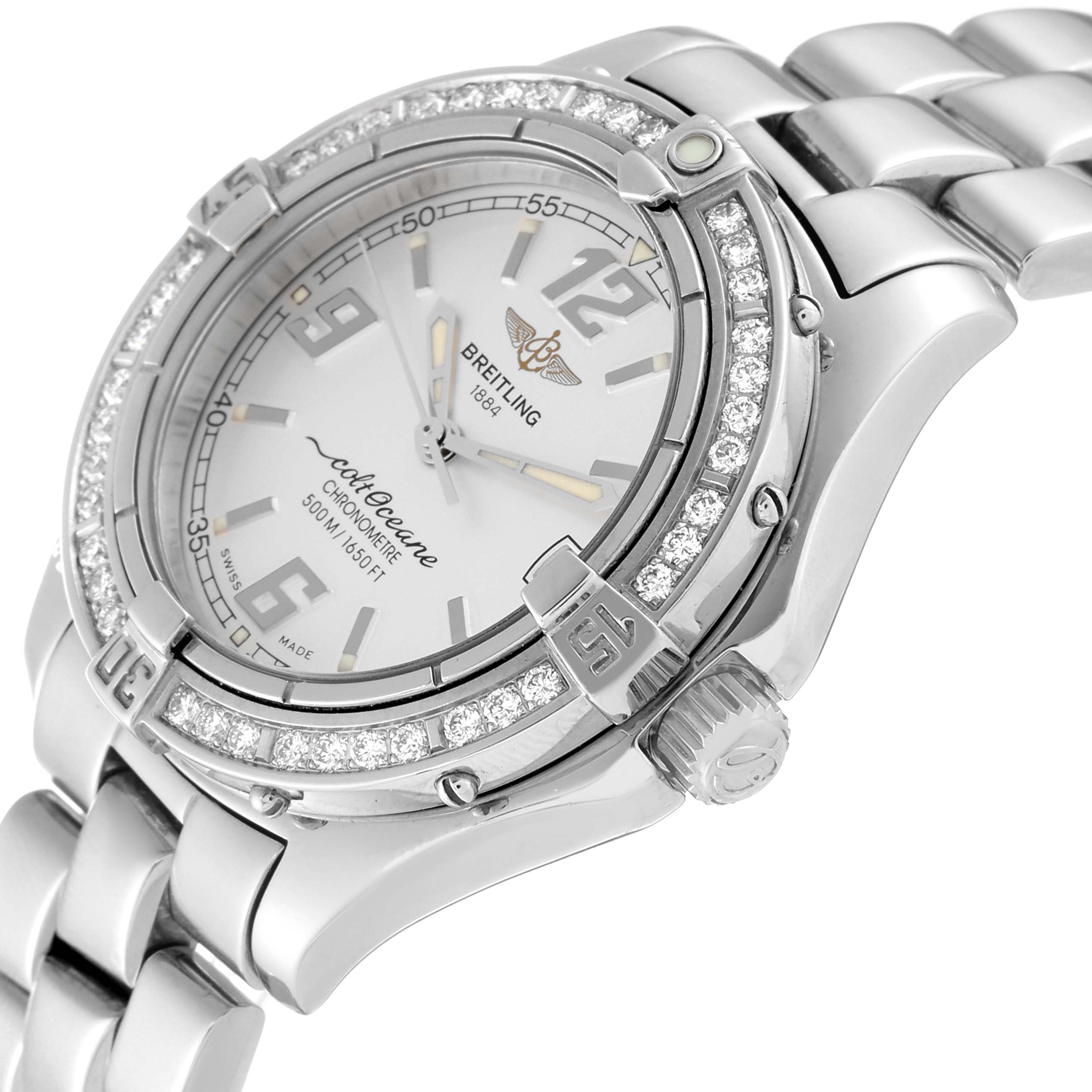 This image shows a close-up angle of the Breitling A57350 Women
s Stainless Steel Silver Dial A57350 Women
s Stainless Steel Silver Dial Colt Oceane Silver Dial Diamond Steel Ladies Watch A57350.