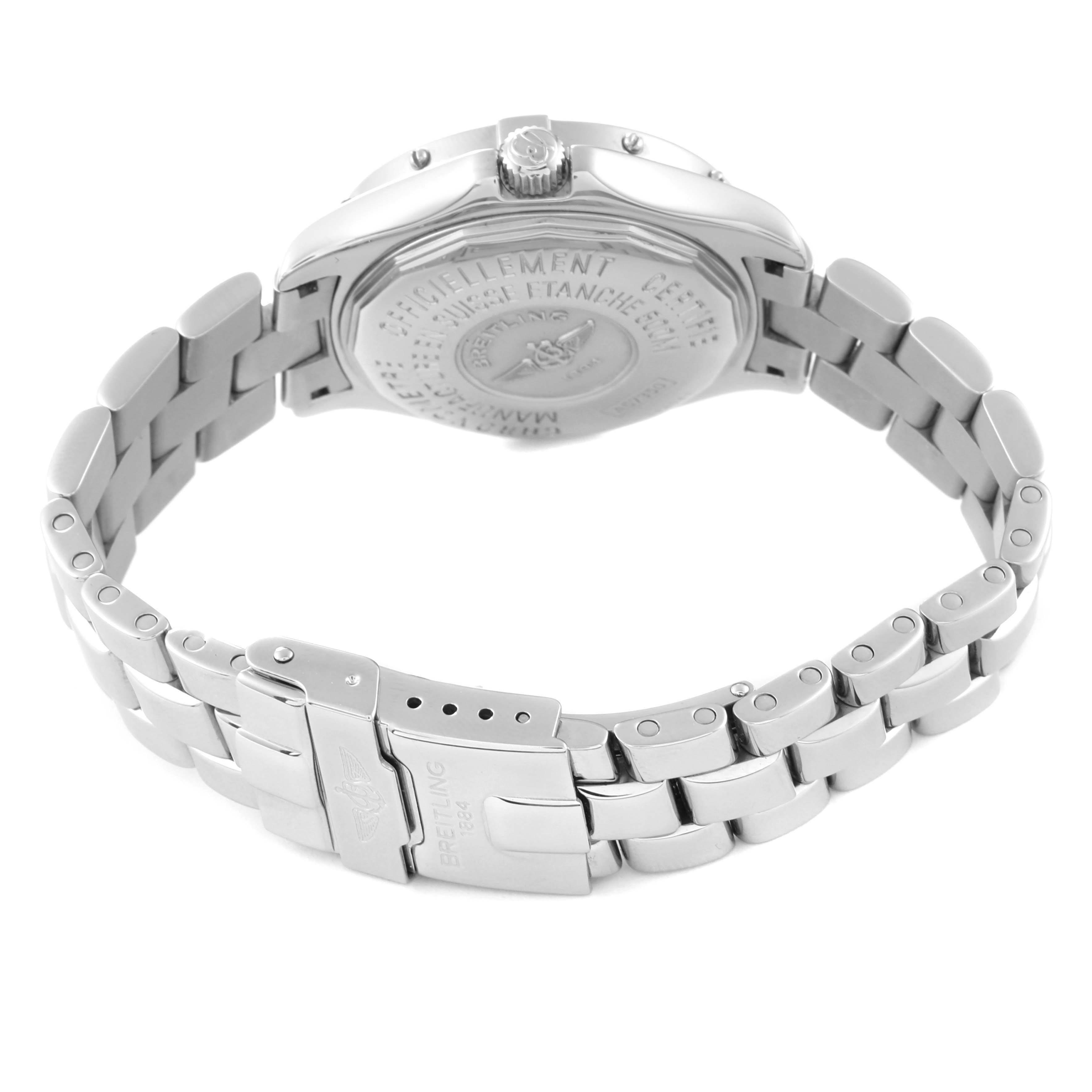 The image shows the back and bracelet of the Breitling A57350 Women
s Stainless Steel Silver Dial A57350 Women
s Stainless Steel Silver Dial Colt Oceane Silver Dial Diamond Steel Ladies Watch A57350, emphasizing the clasp.
