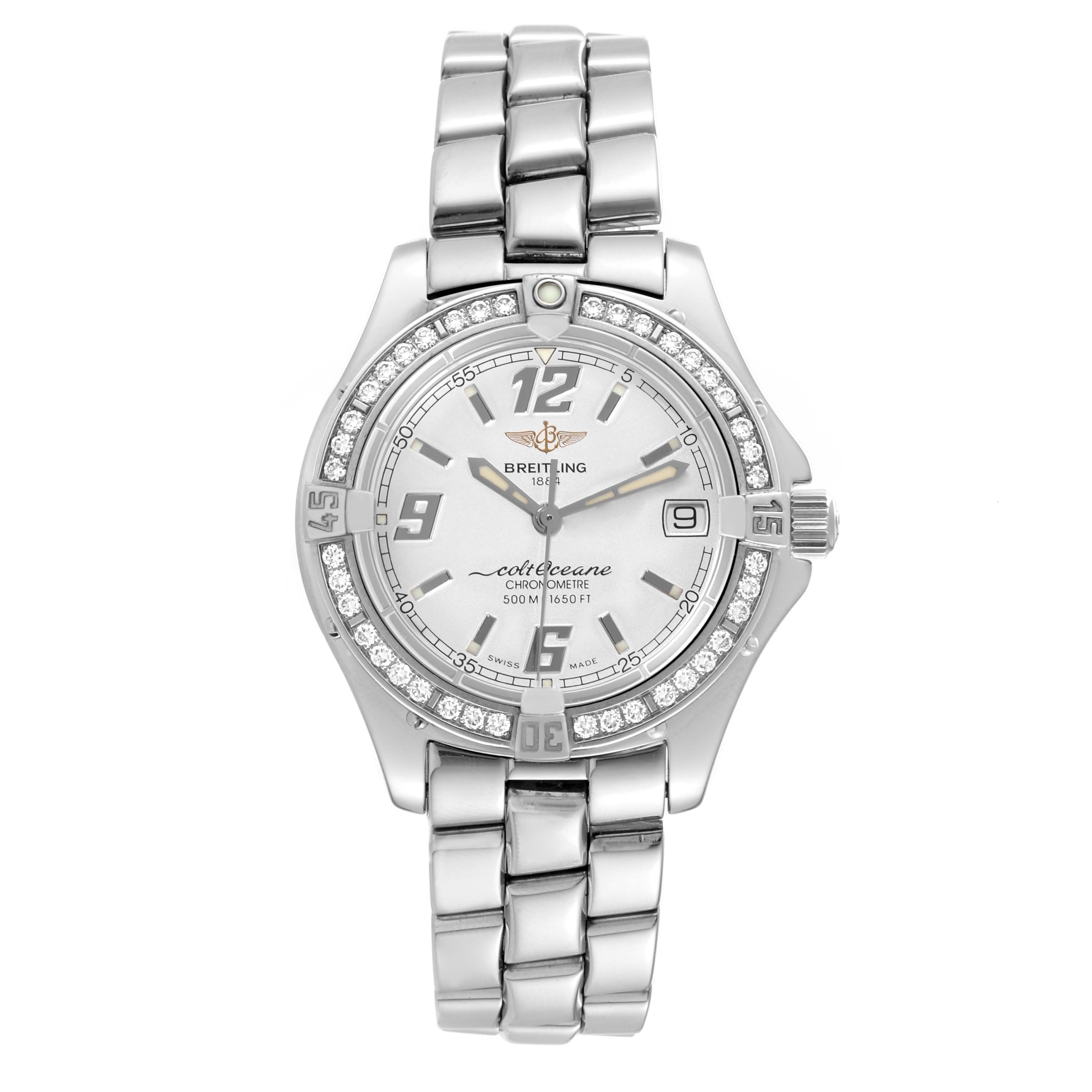 The image shows a front view of the Breitling A57350 Women
s Stainless Steel Silver Dial A57350 Women
s Stainless Steel Silver Dial Colt Oceane Silver Dial Diamond Steel Ladies Watch A57350.
