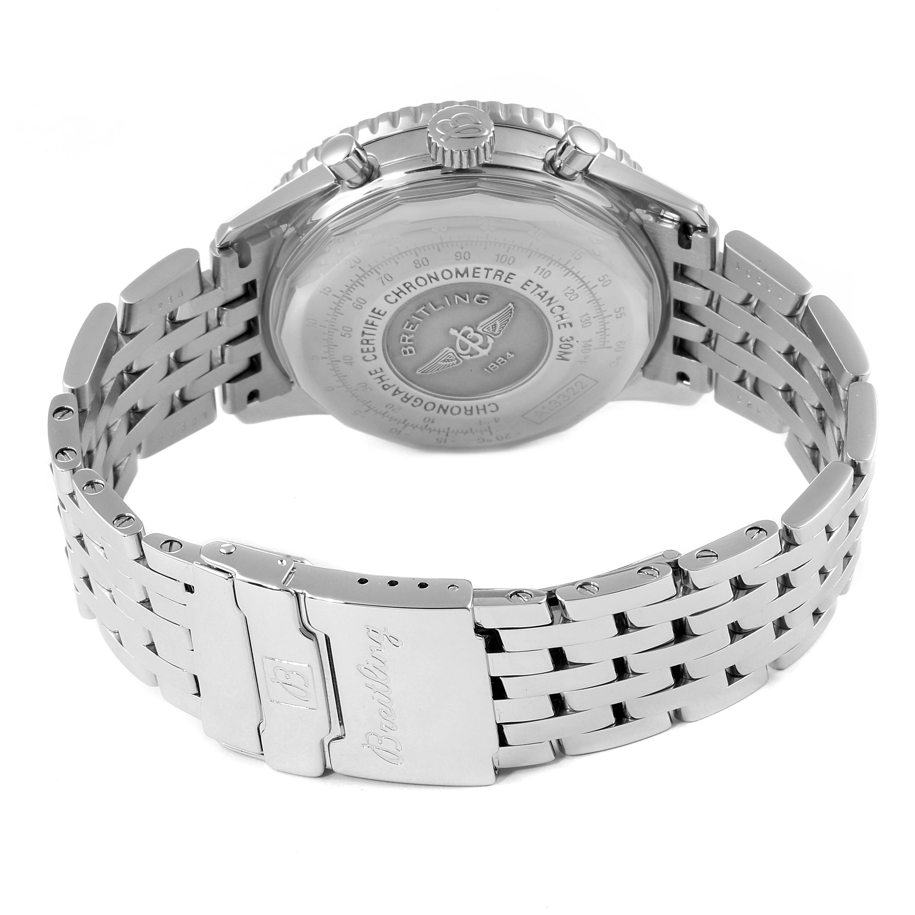The image shows the back casing and bracelet clasp of a Breitling Navitimer A13322 Men
s Stainless Steel Black Dial A13322 Men
s Stainless Steel Black Dial watch at a rear angle.