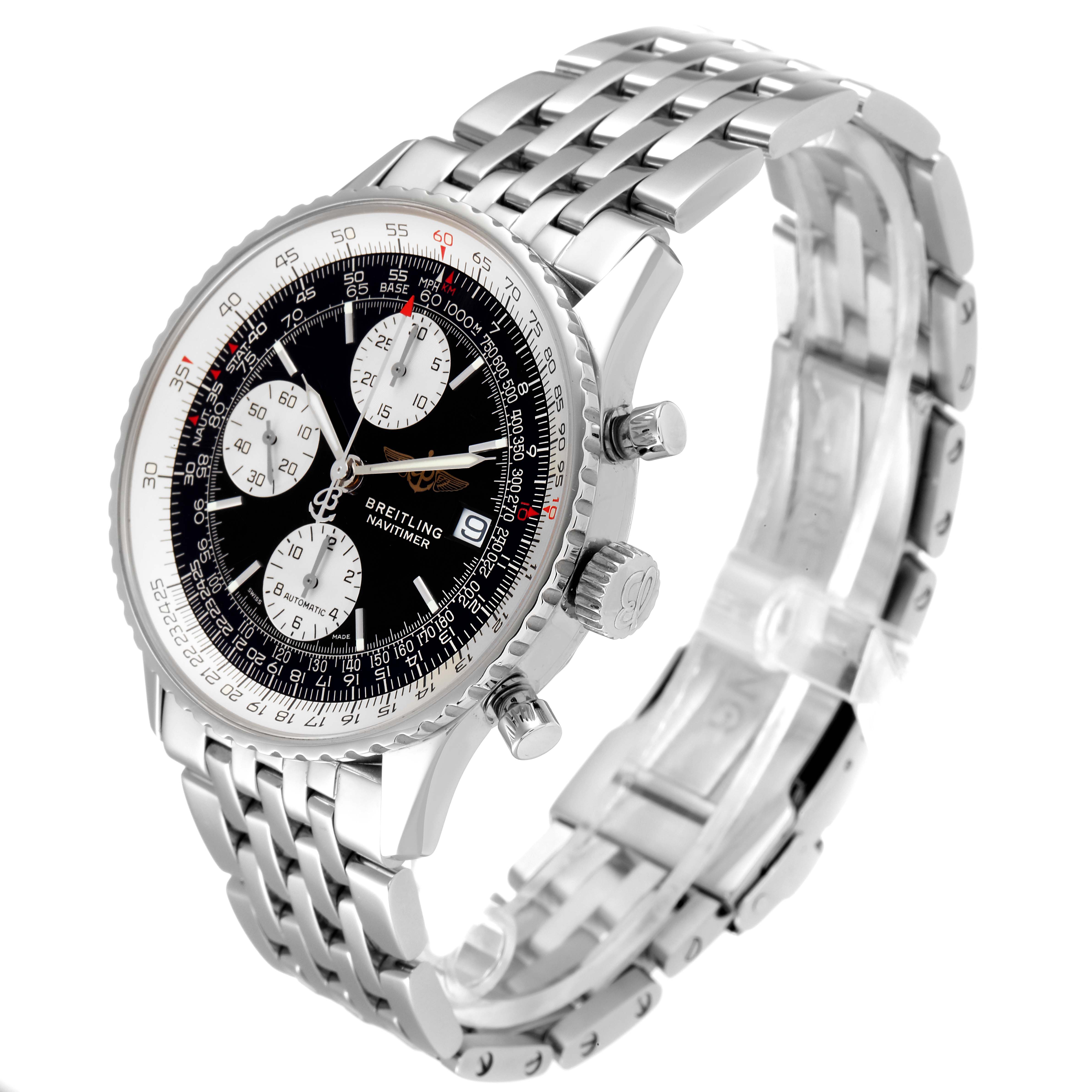 The Breitling Navitimer A13322 Men
s Stainless Steel Black Dial A13322 Men
s Stainless Steel Black Dial watch is shown at a three-quarter angle, highlighting the bracelet, dial, and side buttons.