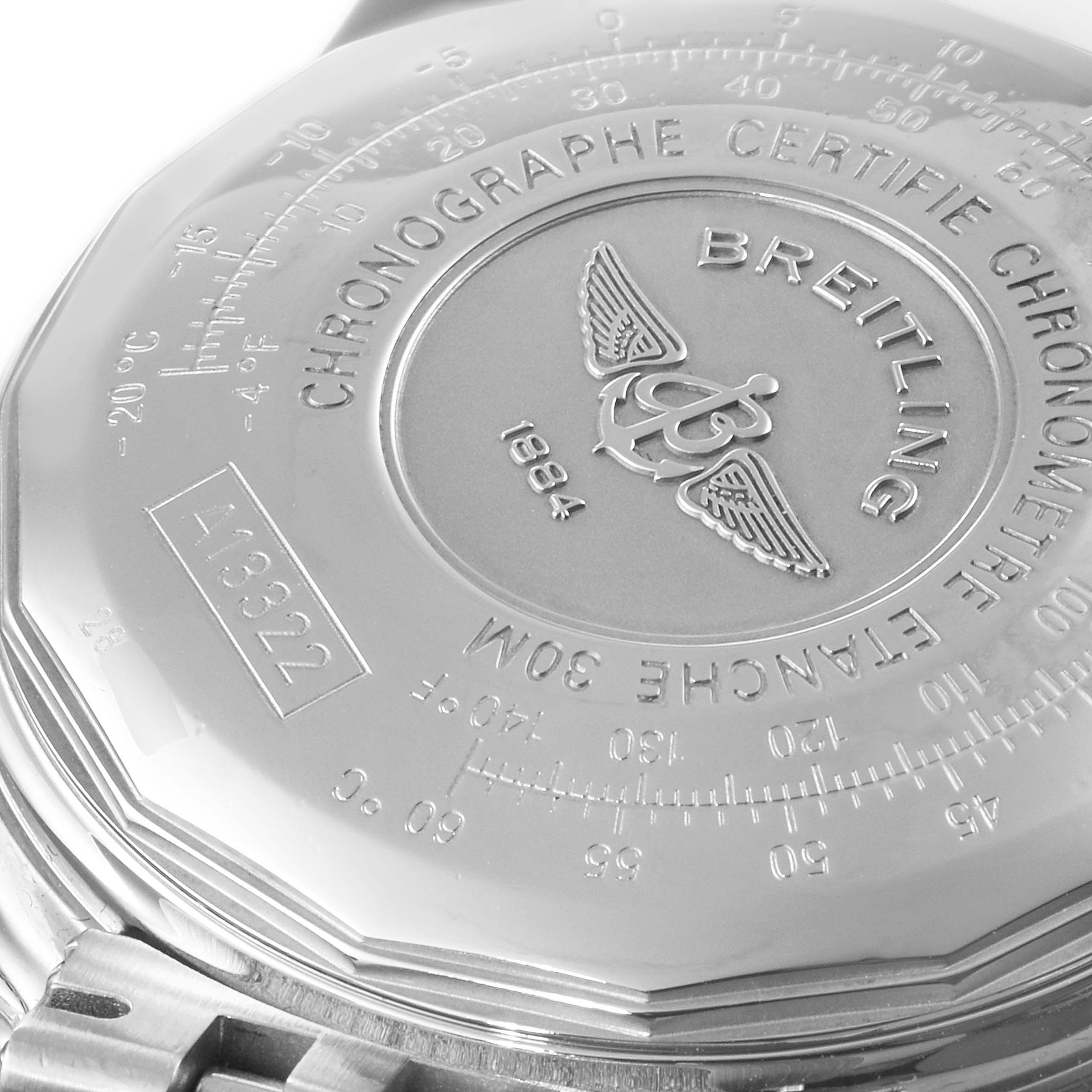 This is a close-up shot of the back case of the Breitling Navitimer A13322 Men
s Stainless Steel Black Dial A13322 Men
s Stainless Steel Black Dial watch.