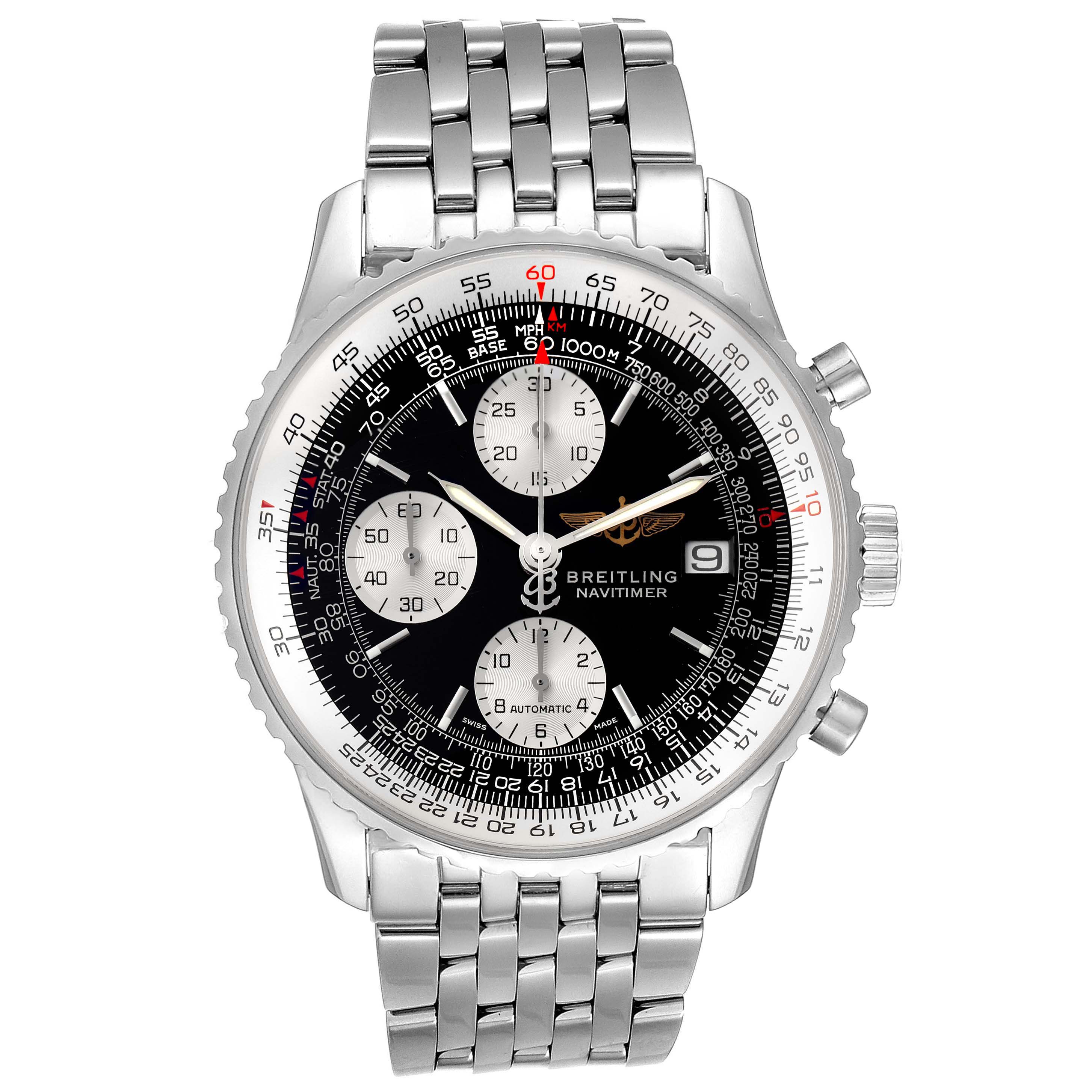 The image shows a front view of the Breitling Navitimer A13322 Men
s Stainless Steel Black Dial A13322 Men
s Stainless Steel Black Dial model, displaying the dial, bezel, and bracelet.