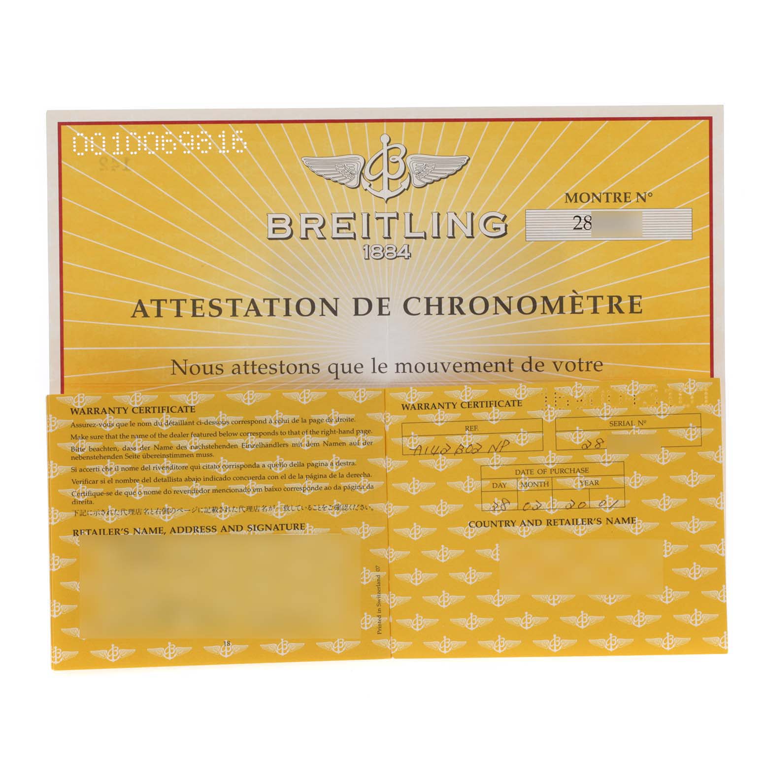 The image shows a Breitling warranty certificate and chronometer attestation for the Navitimer model.