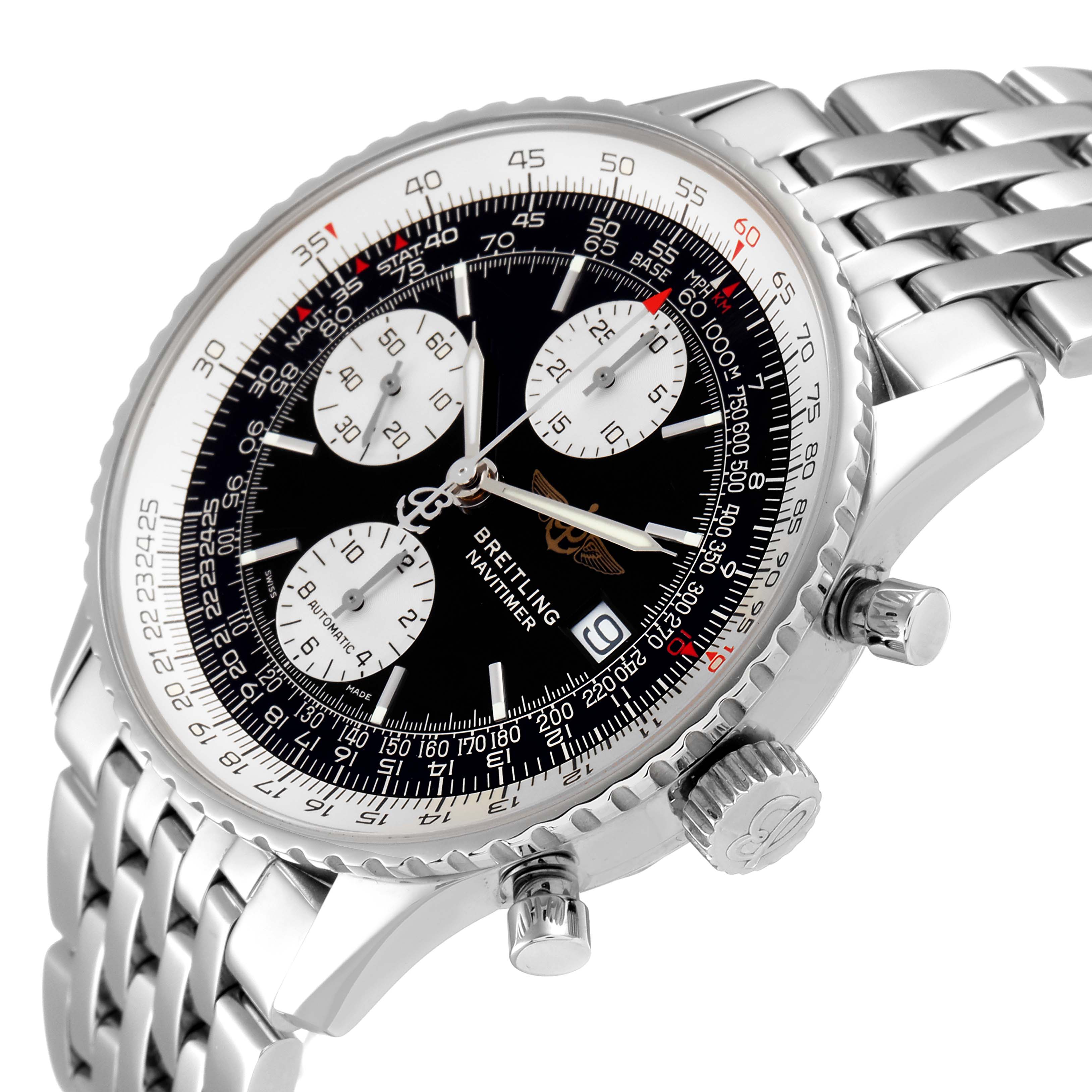 The image shows a close-up side angle of the Breitling Navitimer A13322 Men
s Stainless Steel Black Dial A13322 Men
s Stainless Steel Black Dial, highlighting its dial, bezel, pushers, and steel bracelet.