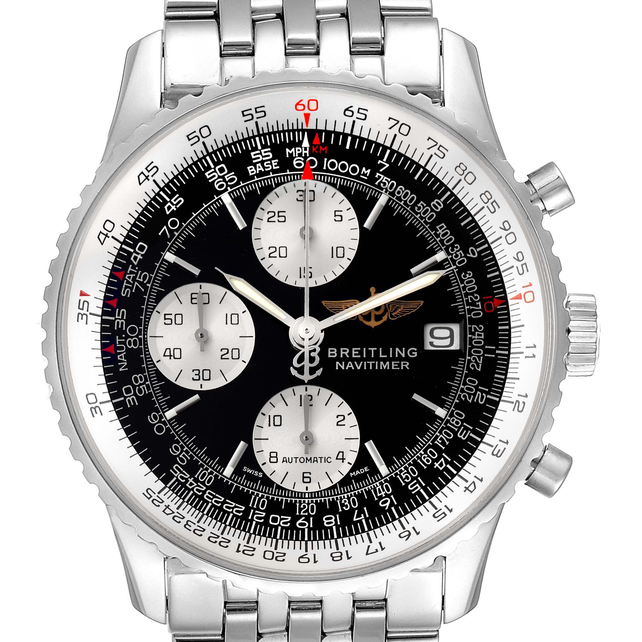 The image shows a front view of a Breitling Navitimer A13322 Men
s Stainless Steel Black Dial A13322 Men
s Stainless Steel Black Dial watch, displaying its face, bezel, chronographs, and bracelet.