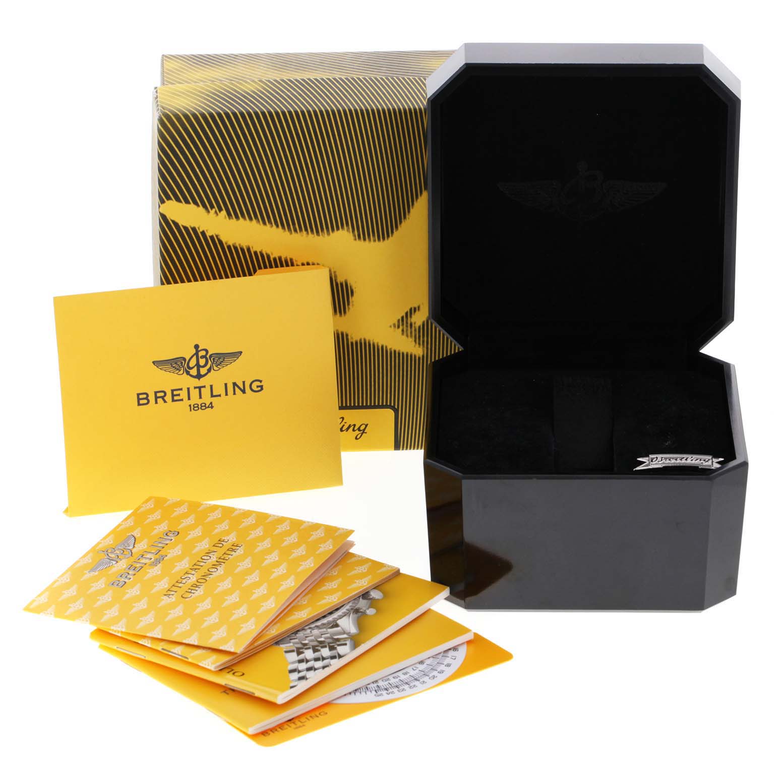 The image shows a Breitling Navitimer A13322 Men
s Stainless Steel Black Dial A13322 Men
s Stainless Steel Black Dial watch box, manuals, and accessories, viewed from a slight front angle.