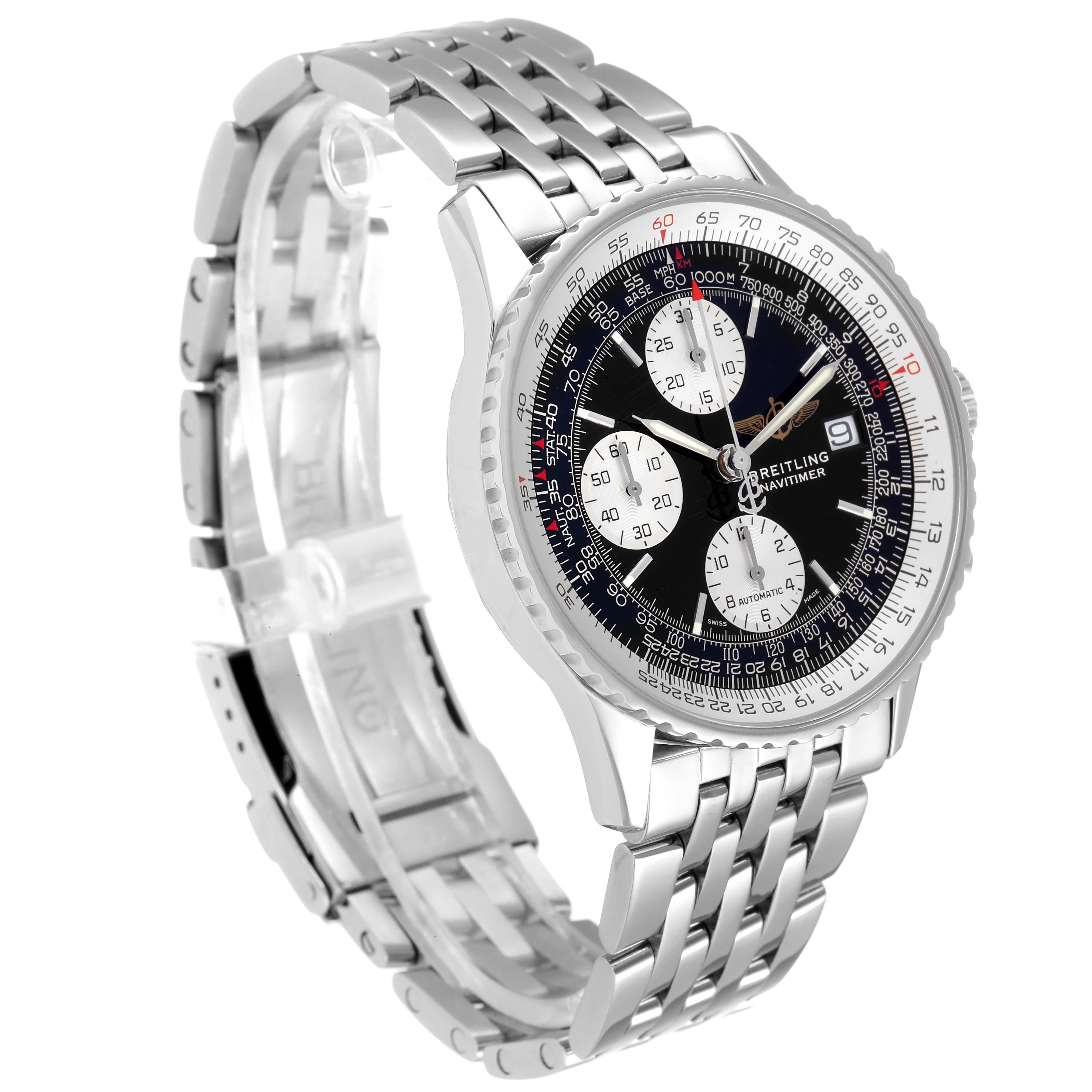 The image shows a Breitling Navitimer A13322 Men
s Stainless Steel Black Dial A13322 Men
s Stainless Steel Black Dial watch, angled to display the dial, bezel, and metal bracelet.