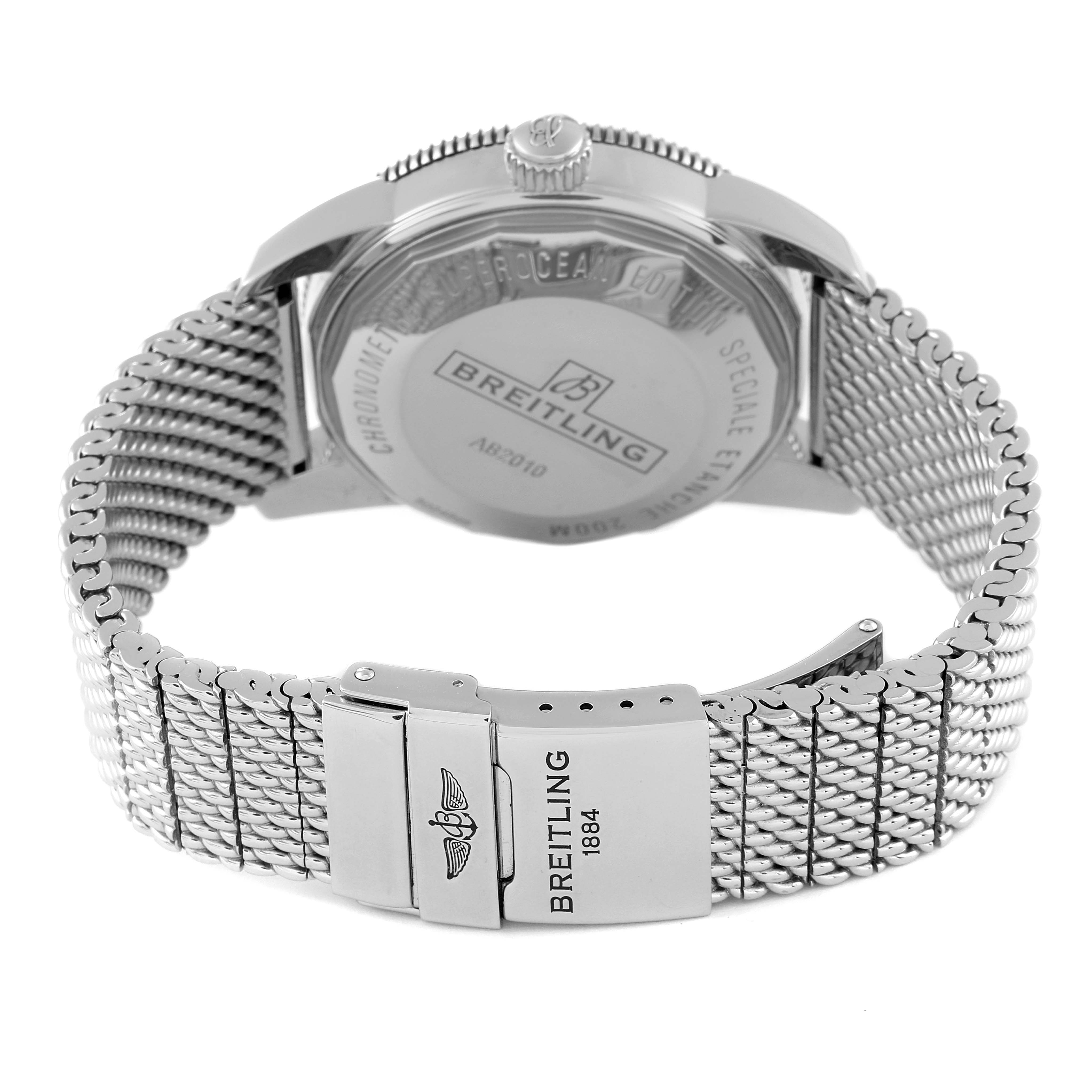 The image shows the back and clasp of a Breitling Superocean AB2010 Men's Stainless Steel Brown Dial AB2010 Men's Stainless Steel Brown Dial watch, highlighting the case back and metal bracelet.