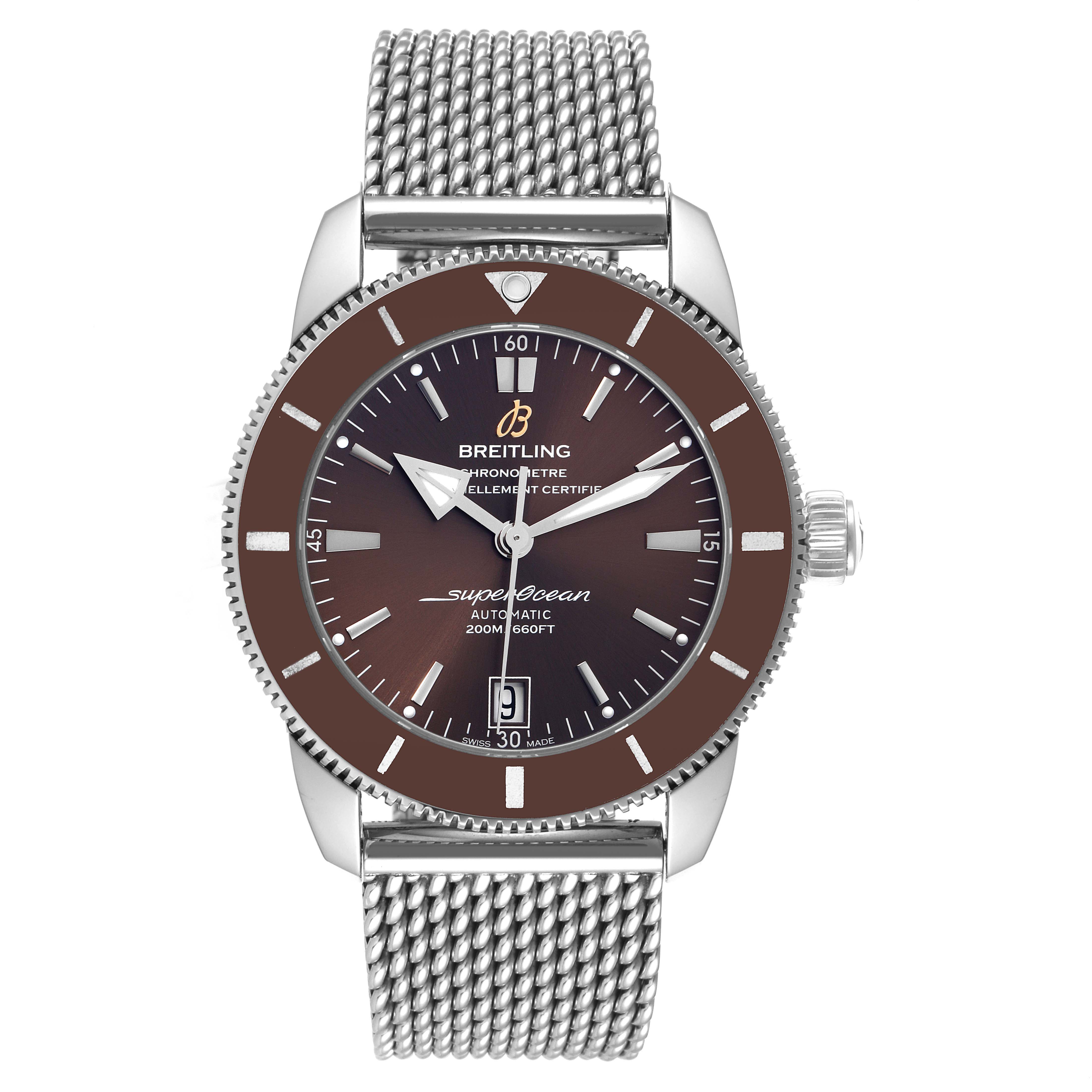 The image shows a front view of a Breitling Superocean AB2010 Men's Stainless Steel Brown Dial AB2010 Men's Stainless Steel Brown Dial watch, highlighting its dial, bezel, hands, and mesh bracelet band.