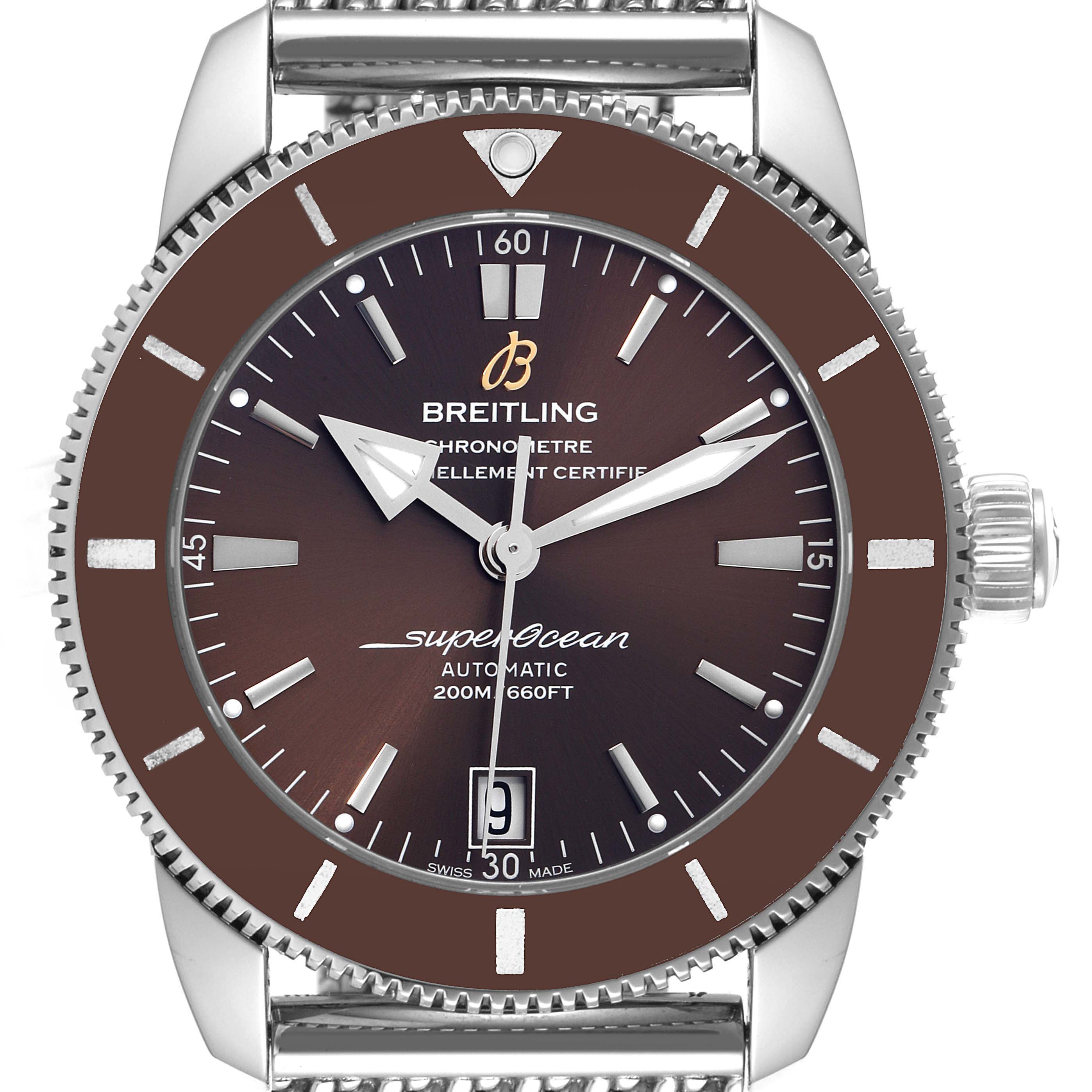 This image shows a front view of the Breitling Superocean AB2010 Men's Stainless Steel Brown Dial AB2010 Men's Stainless Steel Brown Dial watch, highlighting its dial, hands, bezel, and crown.