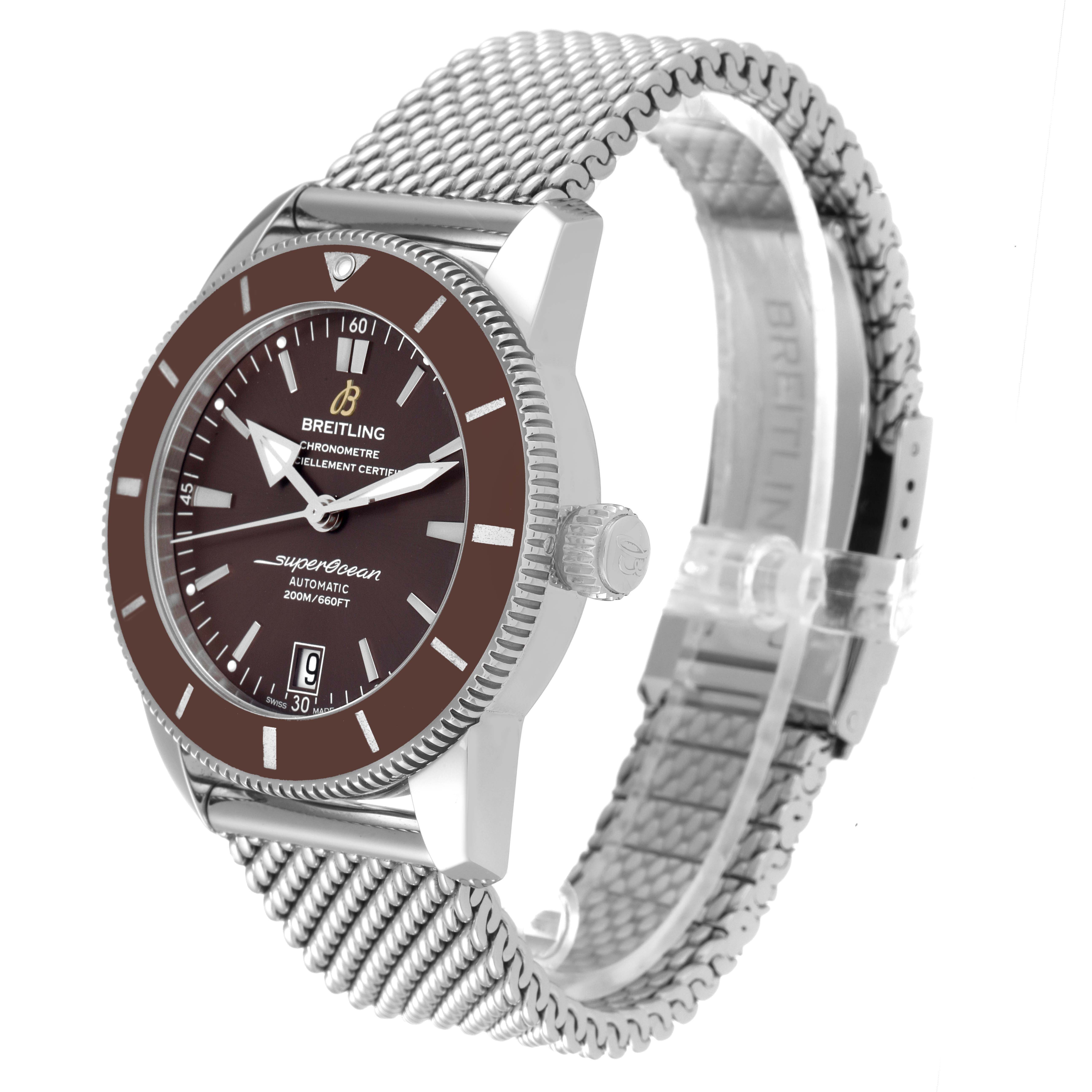 The Breitling Superocean AB2010 Men's Stainless Steel Brown Dial AB2010 Men's Stainless Steel Brown Dial watch is shown at a slight angle, displaying its mesh strap, brown dial, and bezel.