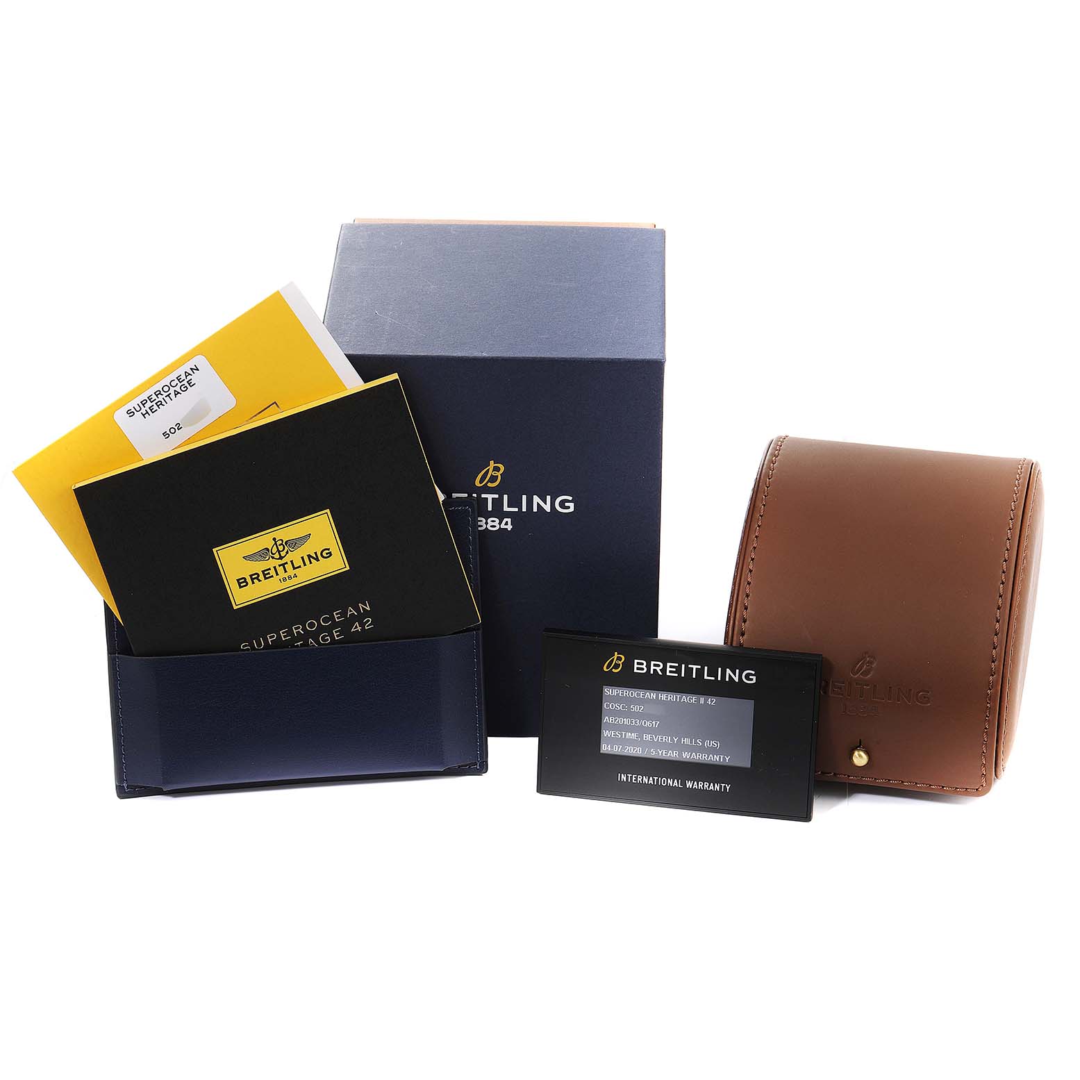 The image shows a Breitling Superocean AB2010 Men's Stainless Steel Brown Dial AB2010 Men's Stainless Steel Brown Dial model box, manual, warranty card, and a leather case from a front angle.