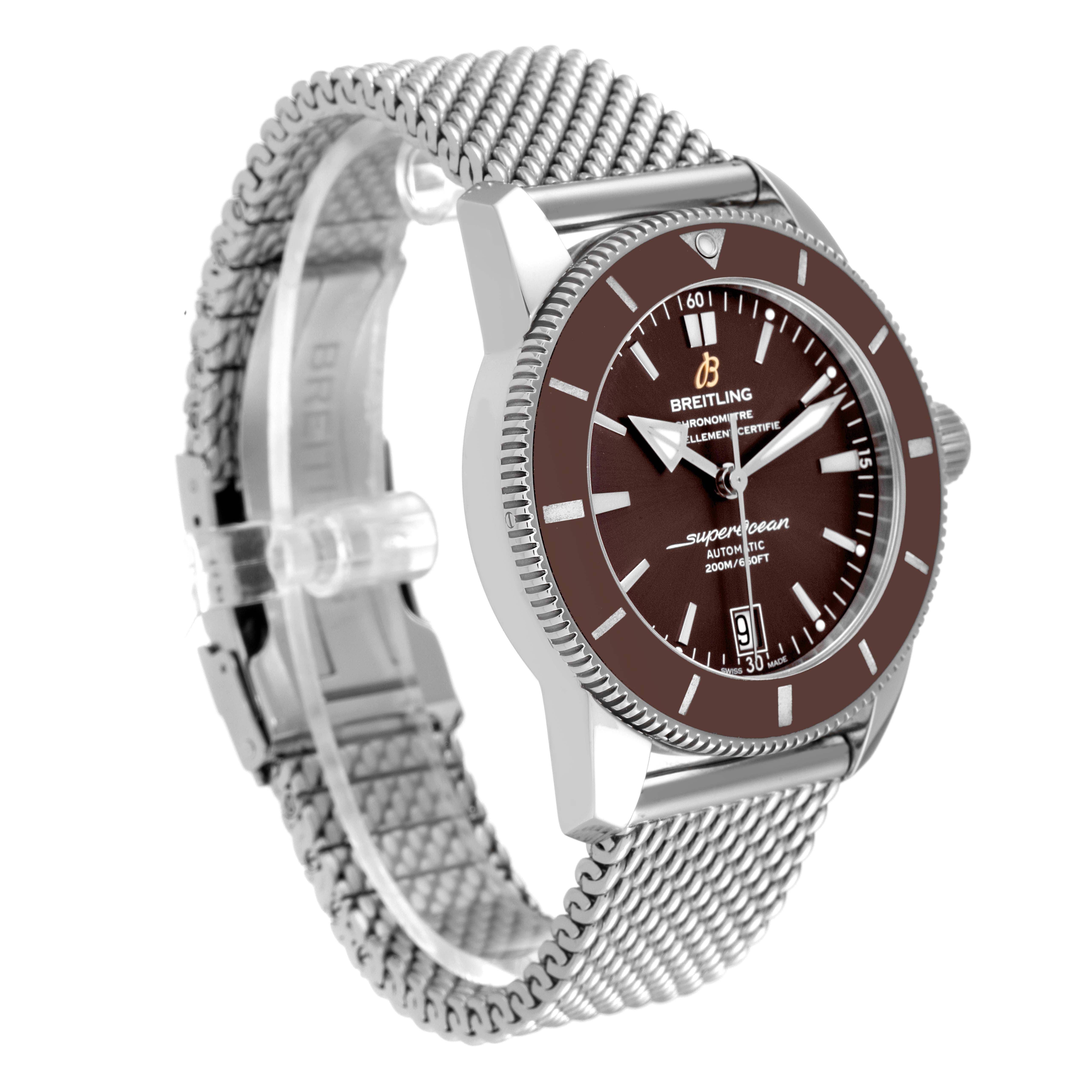The image shows a side-angle view of a Breitling Superocean AB2010 Men's Stainless Steel Brown Dial AB2010 Men's Stainless Steel Brown Dial watch, highlighting the dial, bezel, and metal mesh strap.