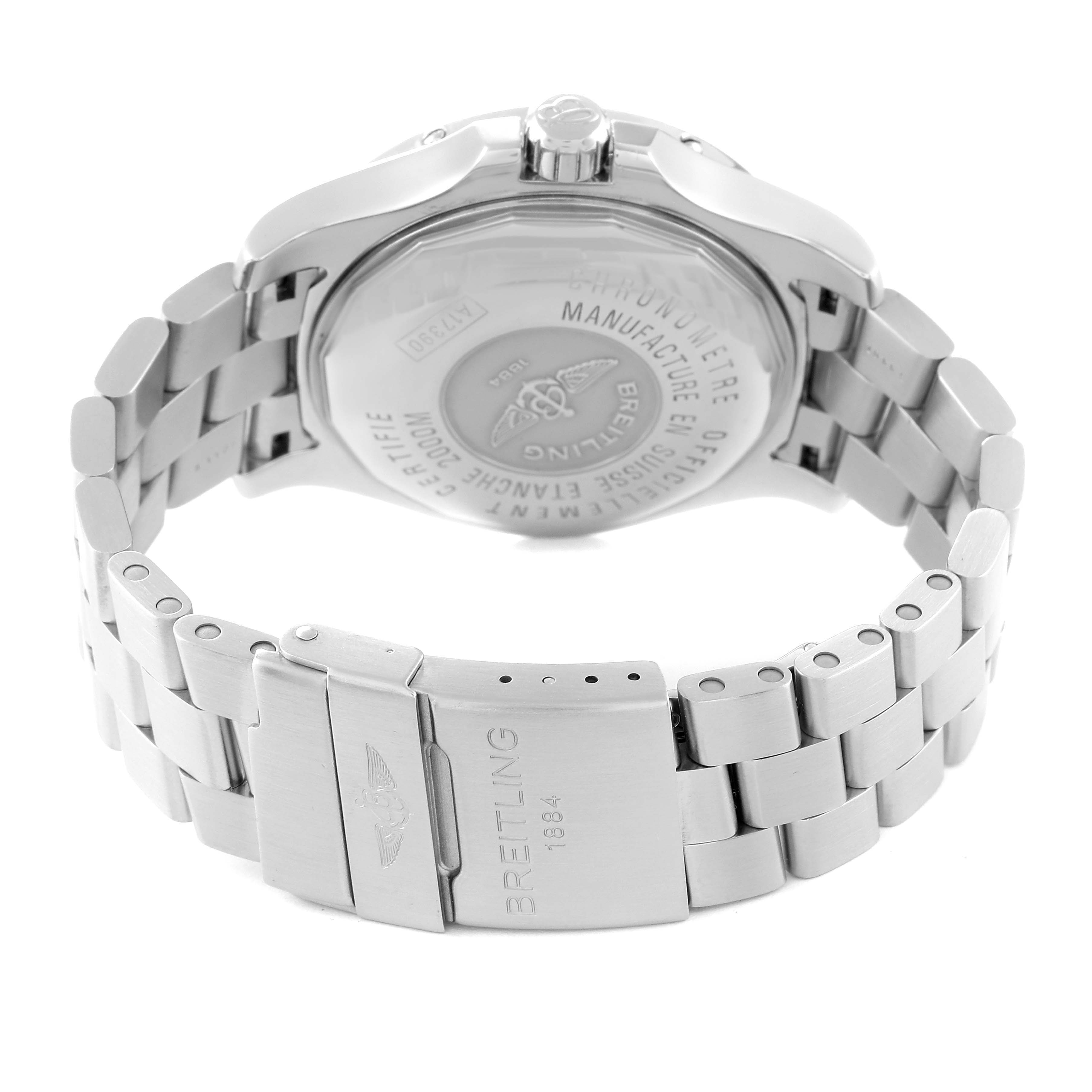 The image shows the back view of a Breitling Superocean A17390 Men's Stainless Steel Black Dial A17390 Men's Stainless Steel Black Dial watch, focusing on the case back, crown, and metal bracelet with clasp.