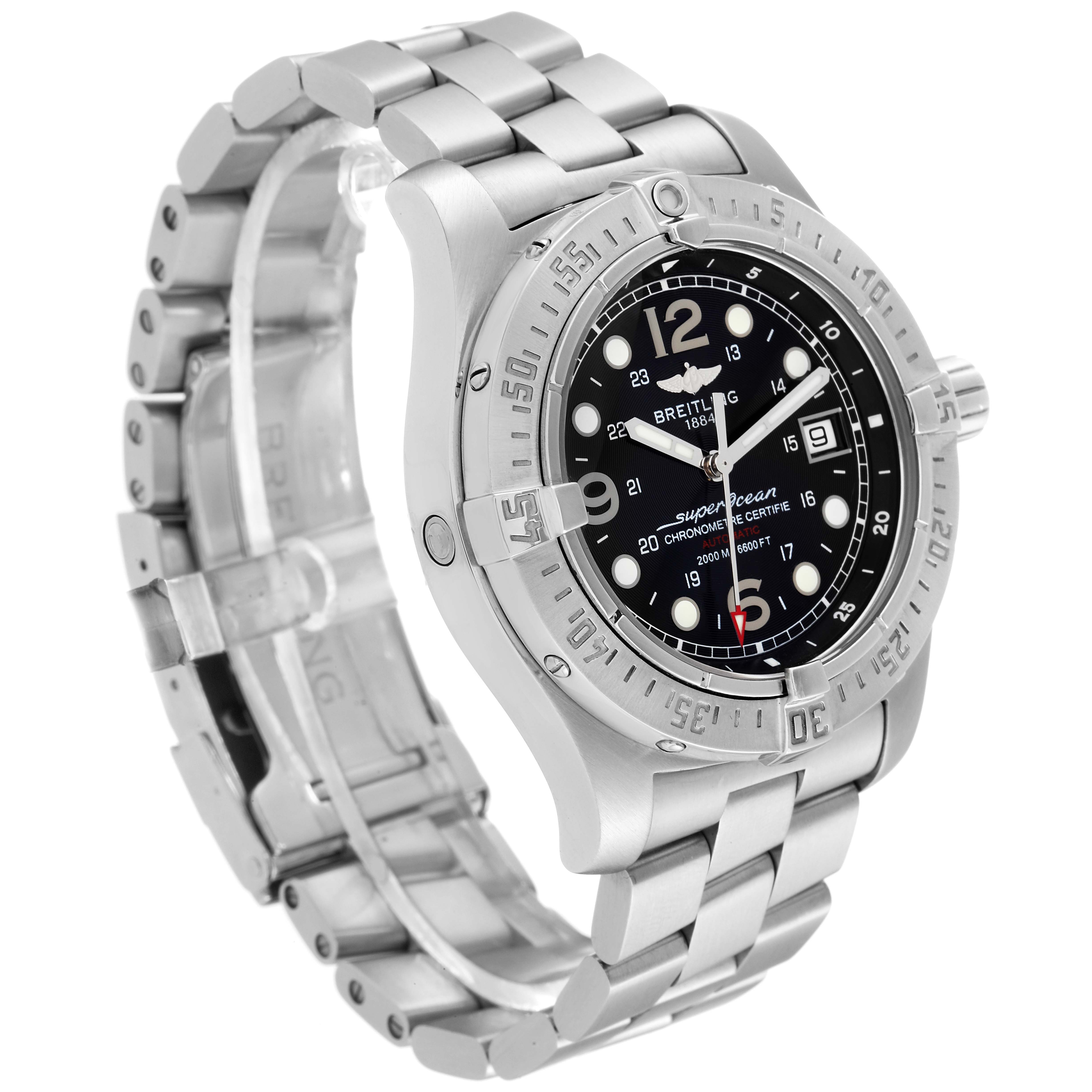 The image shows a Breitling Superocean A17390 Men's Stainless Steel Black Dial A17390 Men's Stainless Steel Black Dial watch at a three-quarter angle, highlighting its bezel, dial, bracelet, and clasp.