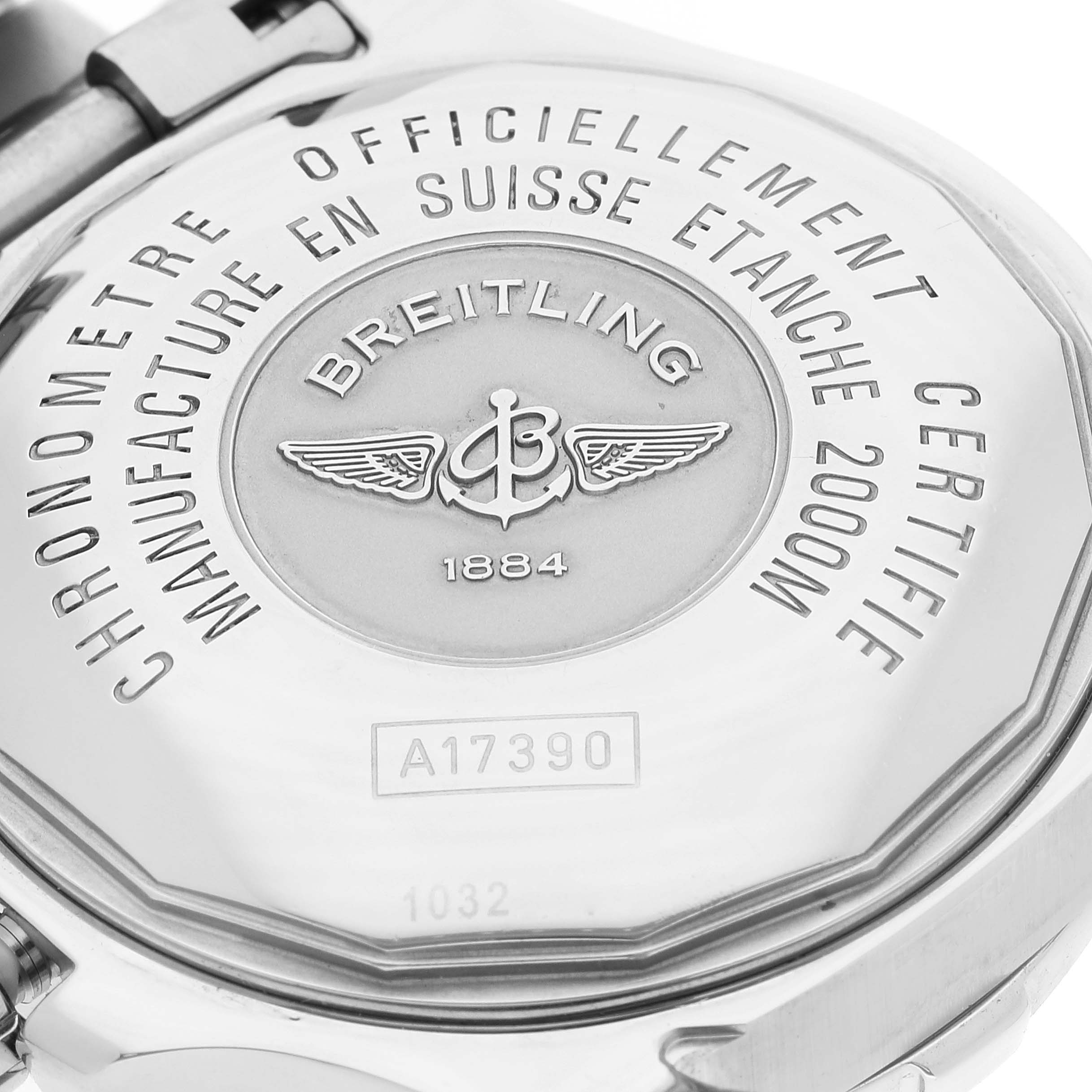 The image shows the case back of a Breitling Superocean A17390 Men's Stainless Steel Black Dial A17390 Men's Stainless Steel Black Dial watch with engravings and the model number A17390.