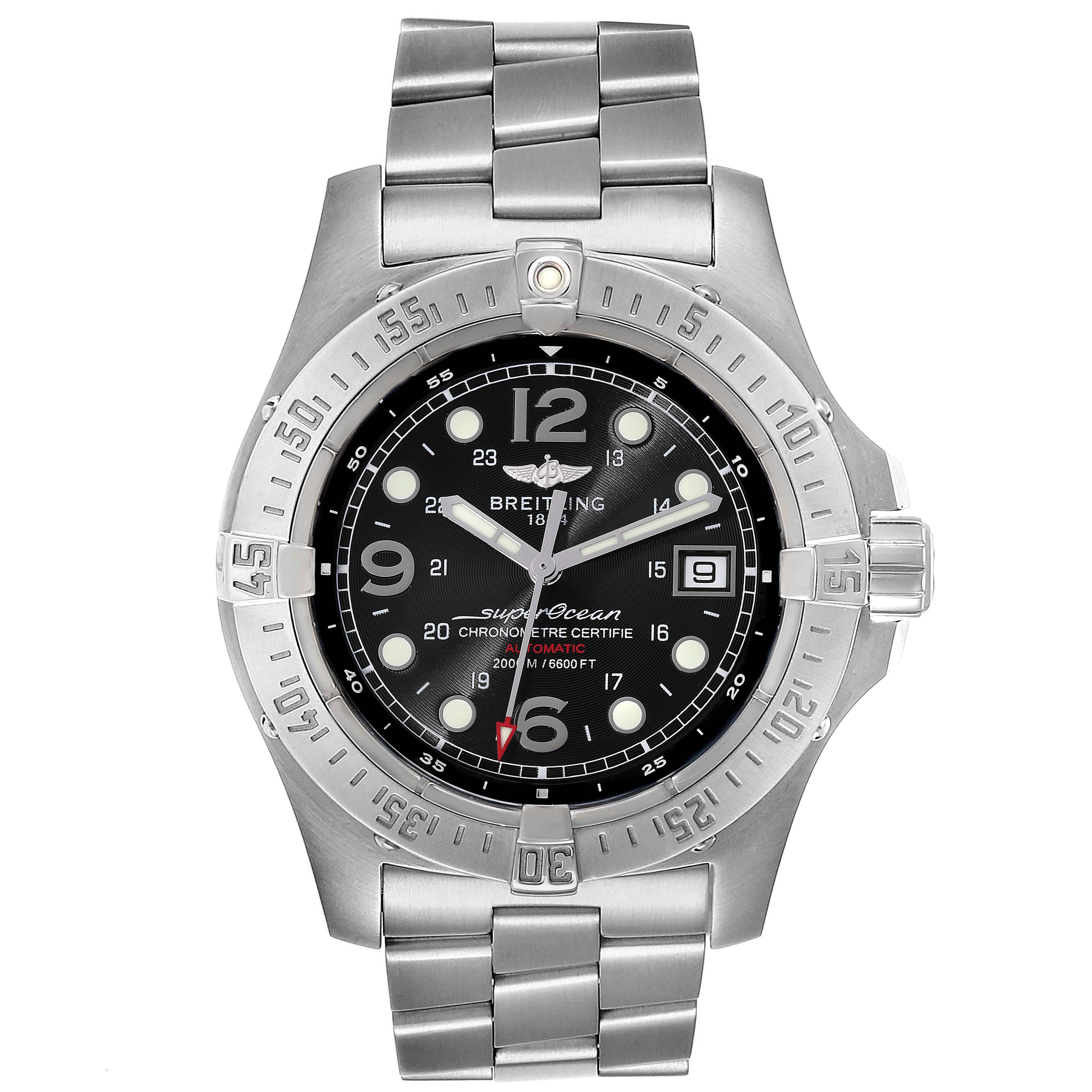 The image shows a front view of a Breitling Superocean A17390 Men's Stainless Steel Black Dial A17390 Men's Stainless Steel Black Dial watch, including its dial, bezel, and metal bracelet.