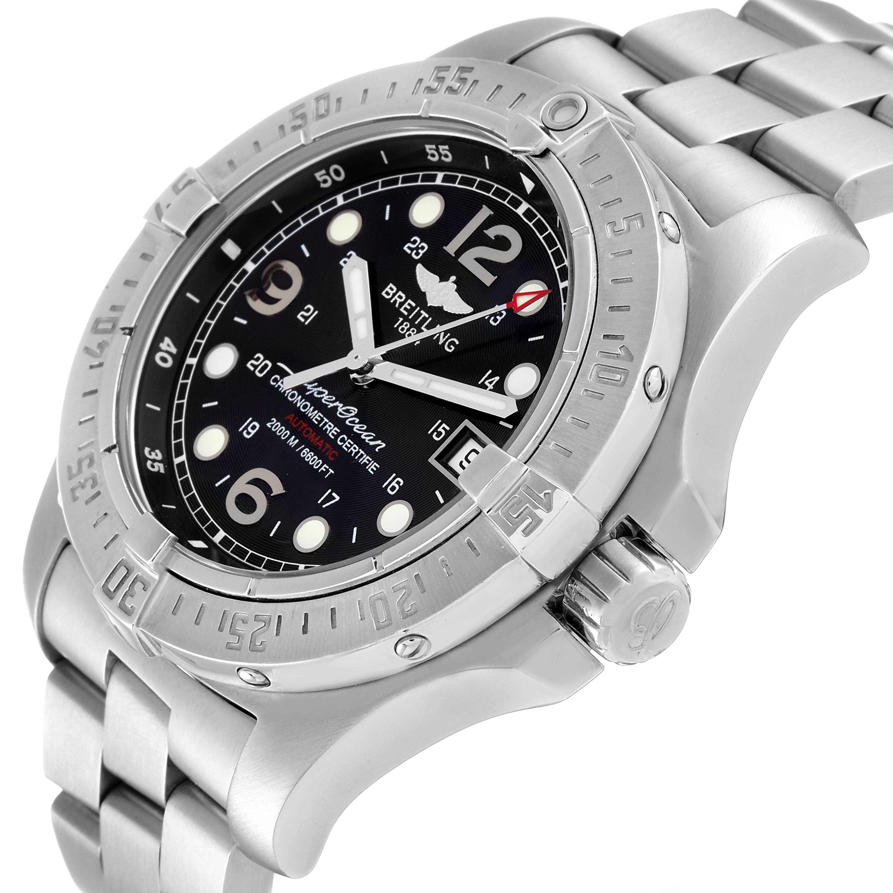 The image shows a close-up side angle of the Breitling Superocean A17390 Men's Stainless Steel Black Dial A17390 Men's Stainless Steel Black Dial watch displaying the bezel, dial, crown, and metal bracelet.