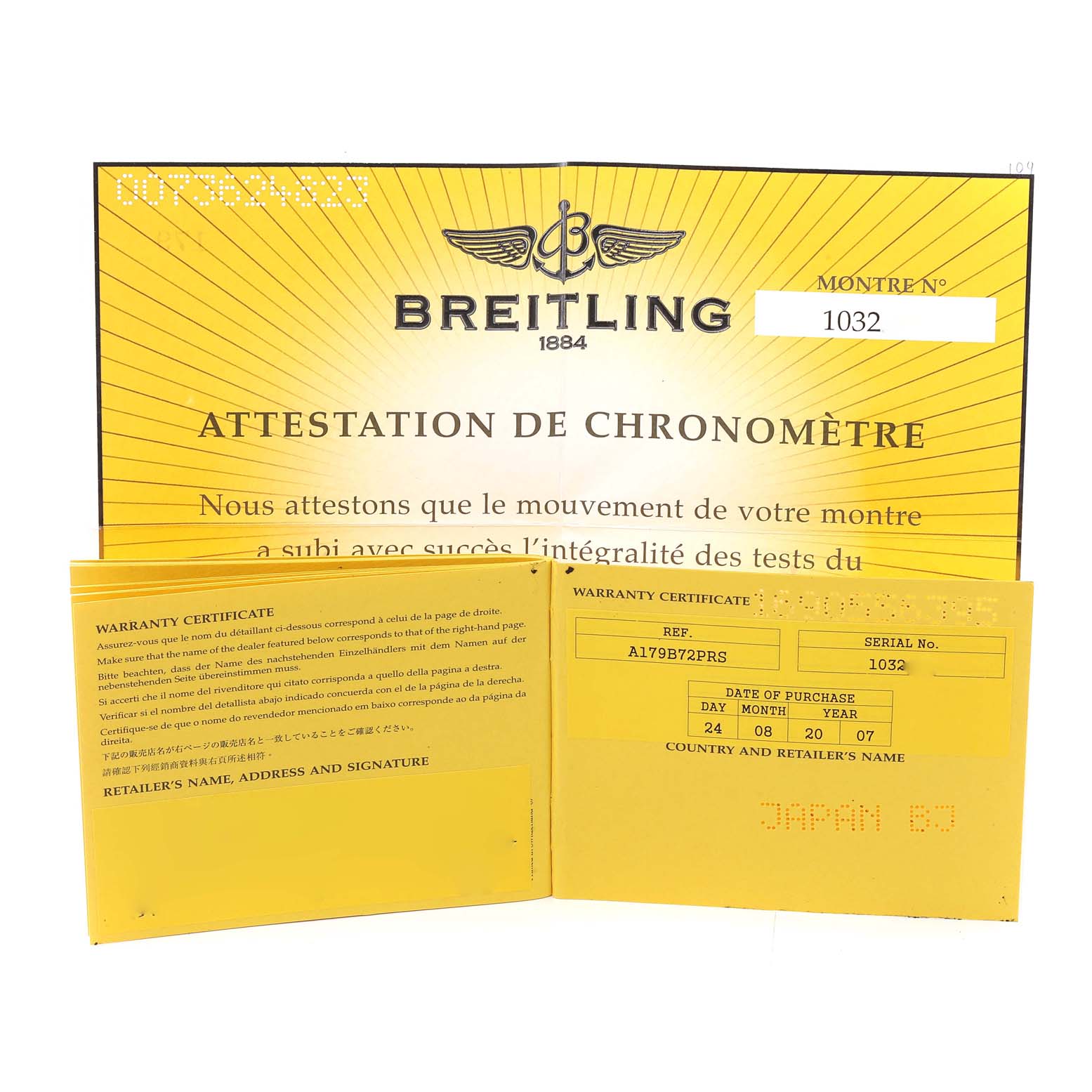 The image shows warranty and chronometer certificates for a Breitling Superocean A17390 Men's Stainless Steel Black Dial A17390 Men's Stainless Steel Black Dial watch.