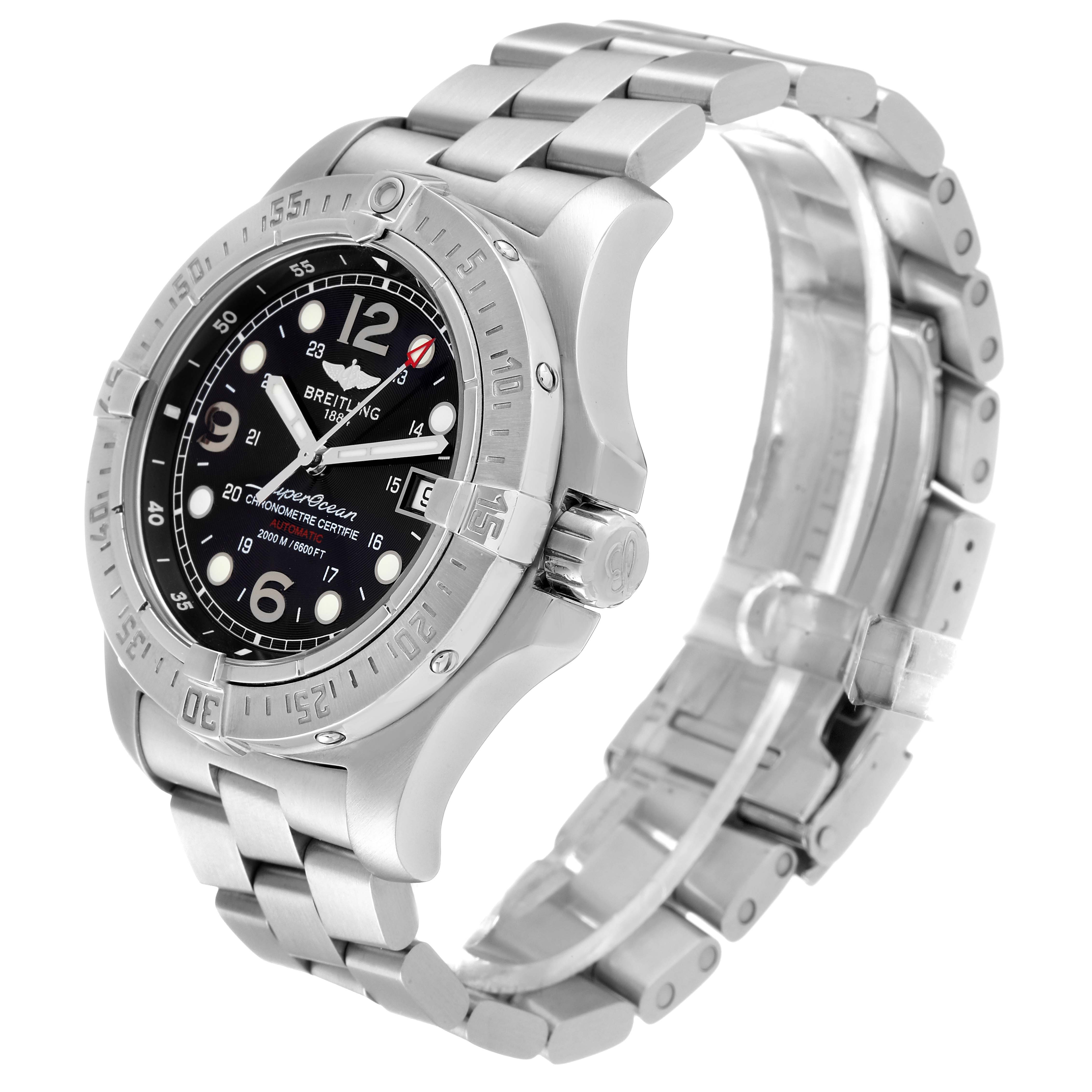 The image shows a Breitling Superocean A17390 Men's Stainless Steel Black Dial A17390 Men's Stainless Steel Black Dial watch at a three-quarter angle highlighting its face, bezel, crown, and metal bracelet.