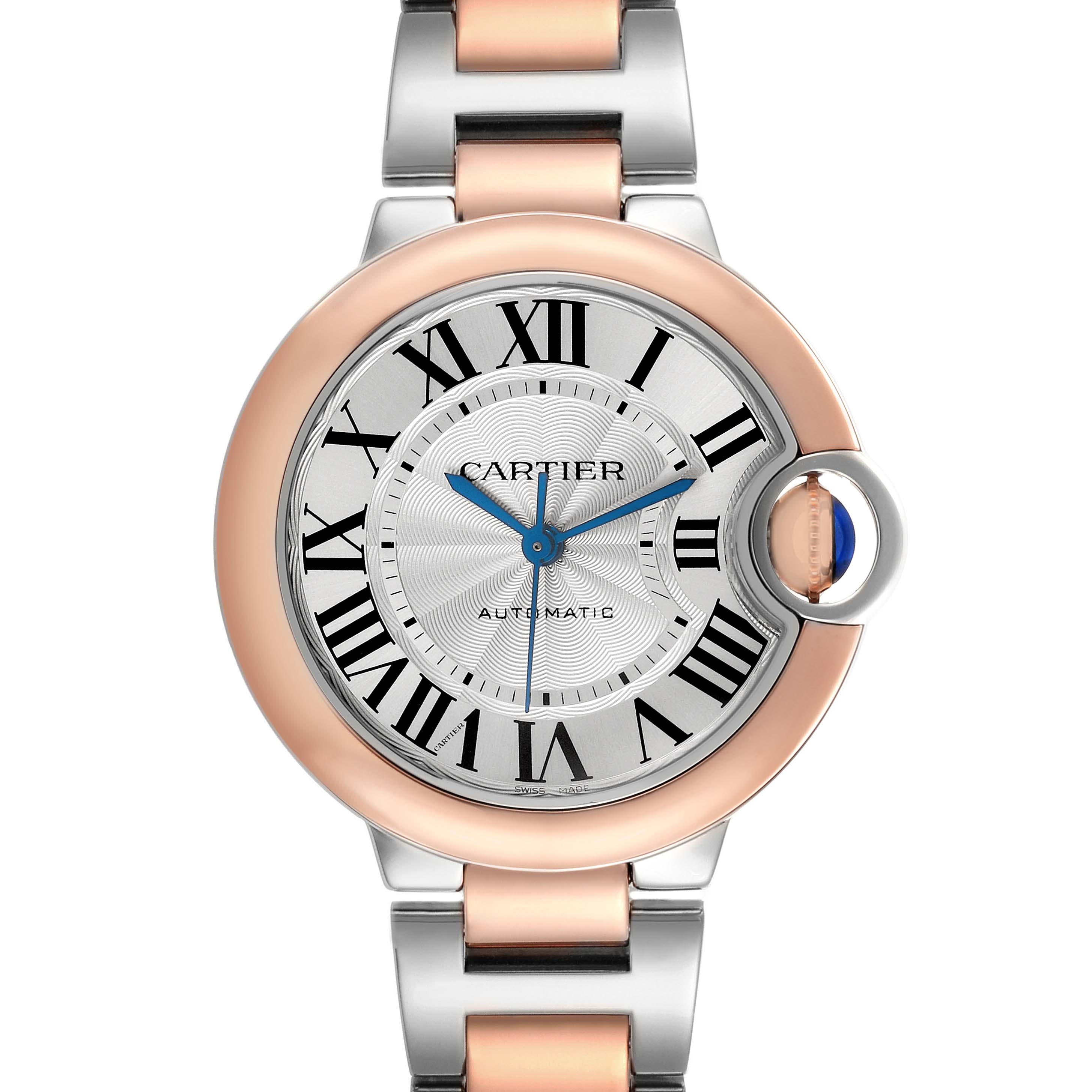 The Cartier Ballon Bleu W2BB0023 Women's Stainless Steel Silver Dial watch is shown from a top-down angle, highlighting the round face, Roman numerals, and mixed metal bracelet.