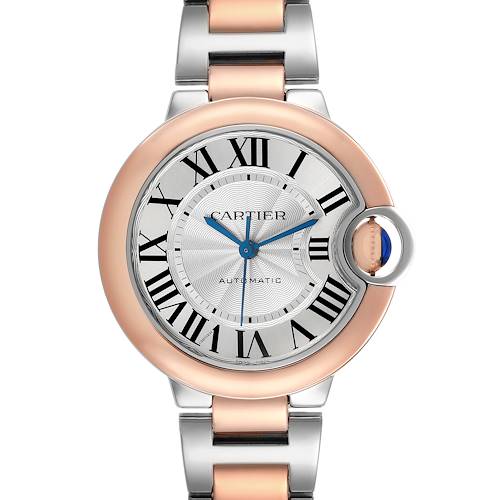The Cartier Ballon Bleu W2BB0023 Women's Stainless Steel Silver Dial watch is shown from a frontal angle, highlighting the dial, Roman numerals, and bracelet.