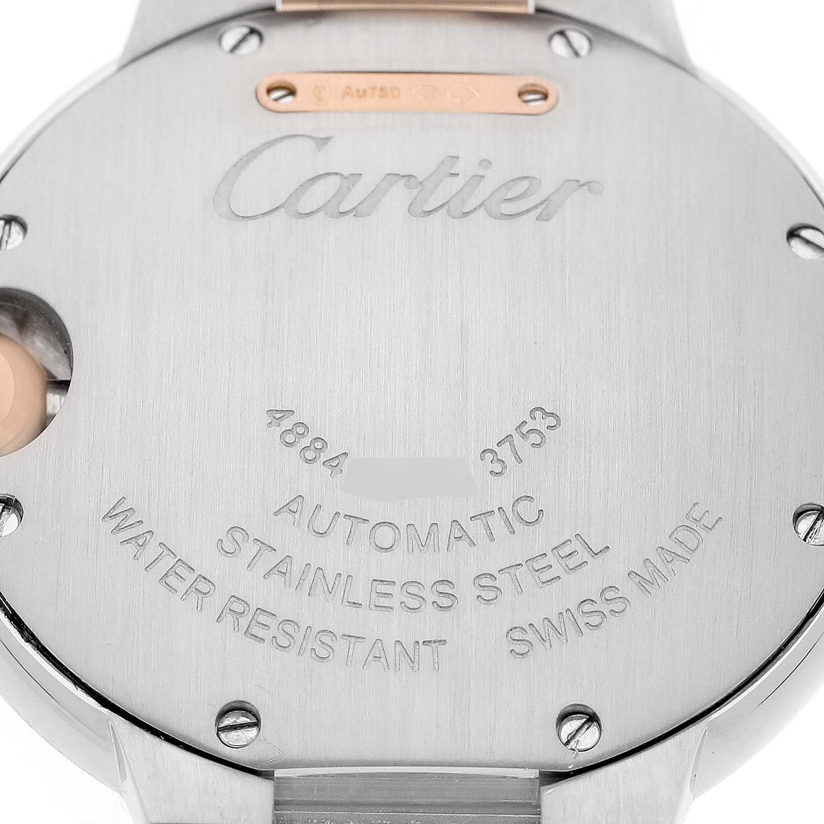 The image shows the back case of a Cartier Ballon Bleu W2BB0023 Women's Stainless Steel Silver Dial watch, displaying the brand name and specifications.