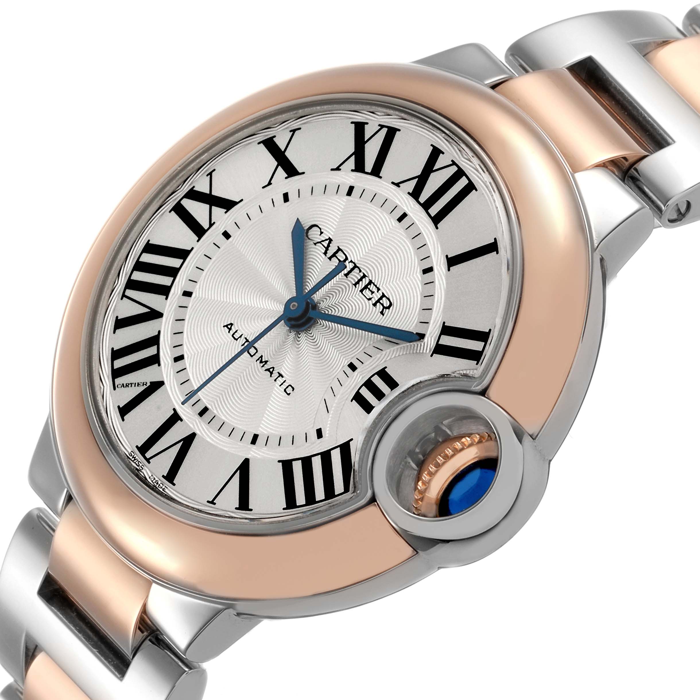 The Cartier Ballon Bleu W2BB0023 Women's Stainless Steel Silver Dial watch is angled to show its face, crown, and part of the metal bracelet.