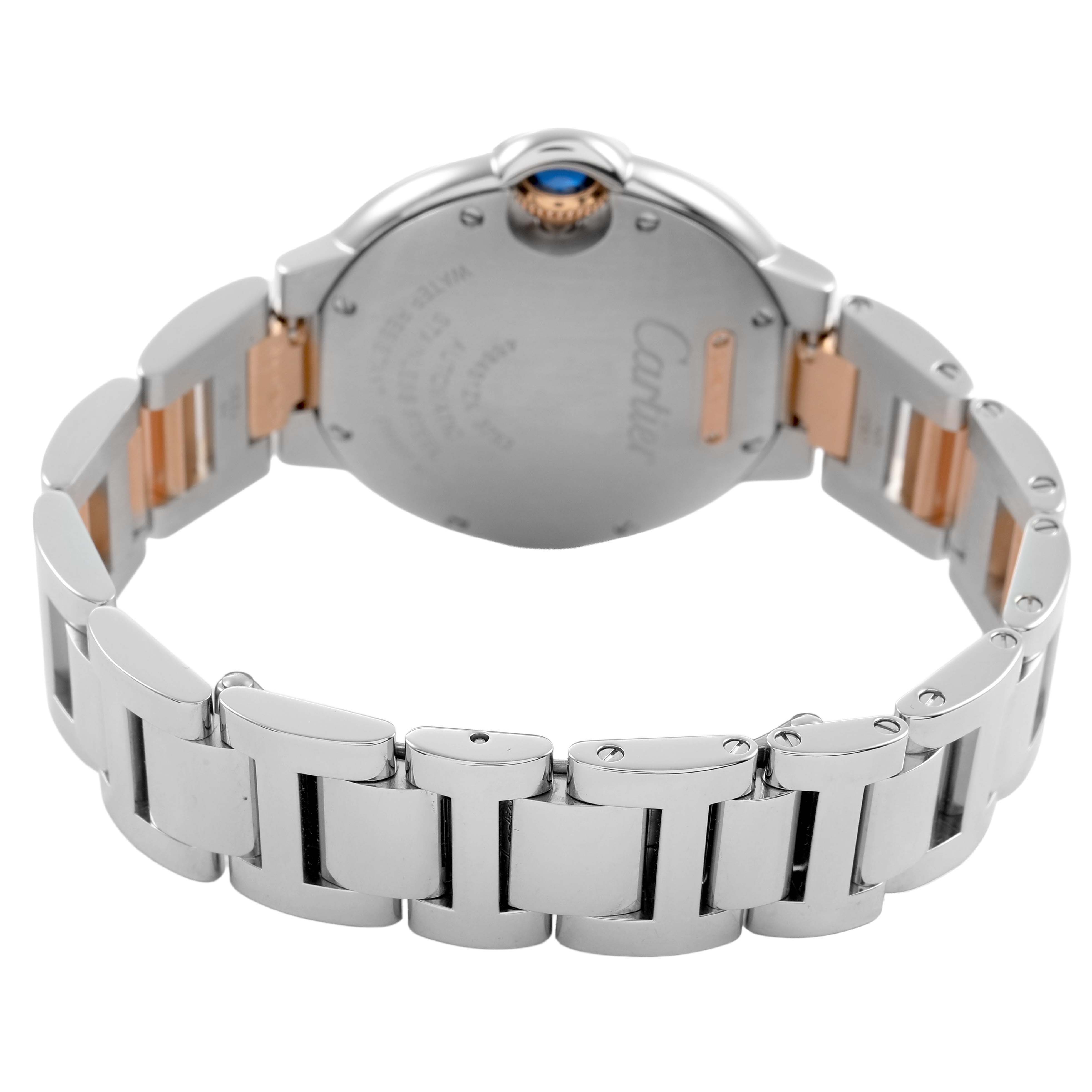 The image shows the back and side of the Cartier Ballon Bleu W2BB0023 Women's Stainless Steel Silver Dial watch with a metal bracelet and visible clasp.