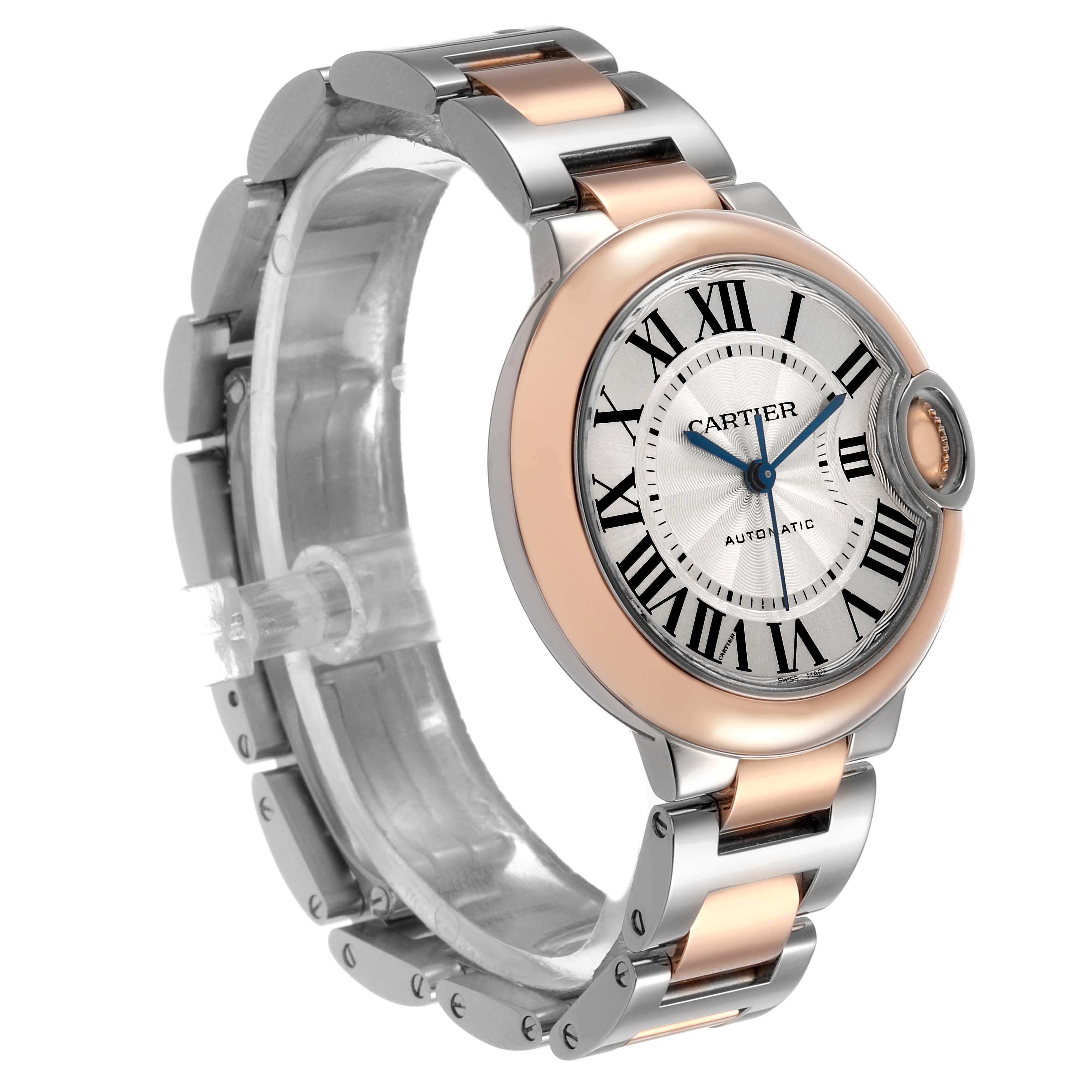The Ballon Bleu by Cartier is shown at a three-quarter angle, highlighting the face, bezel, and two-tone bracelet.