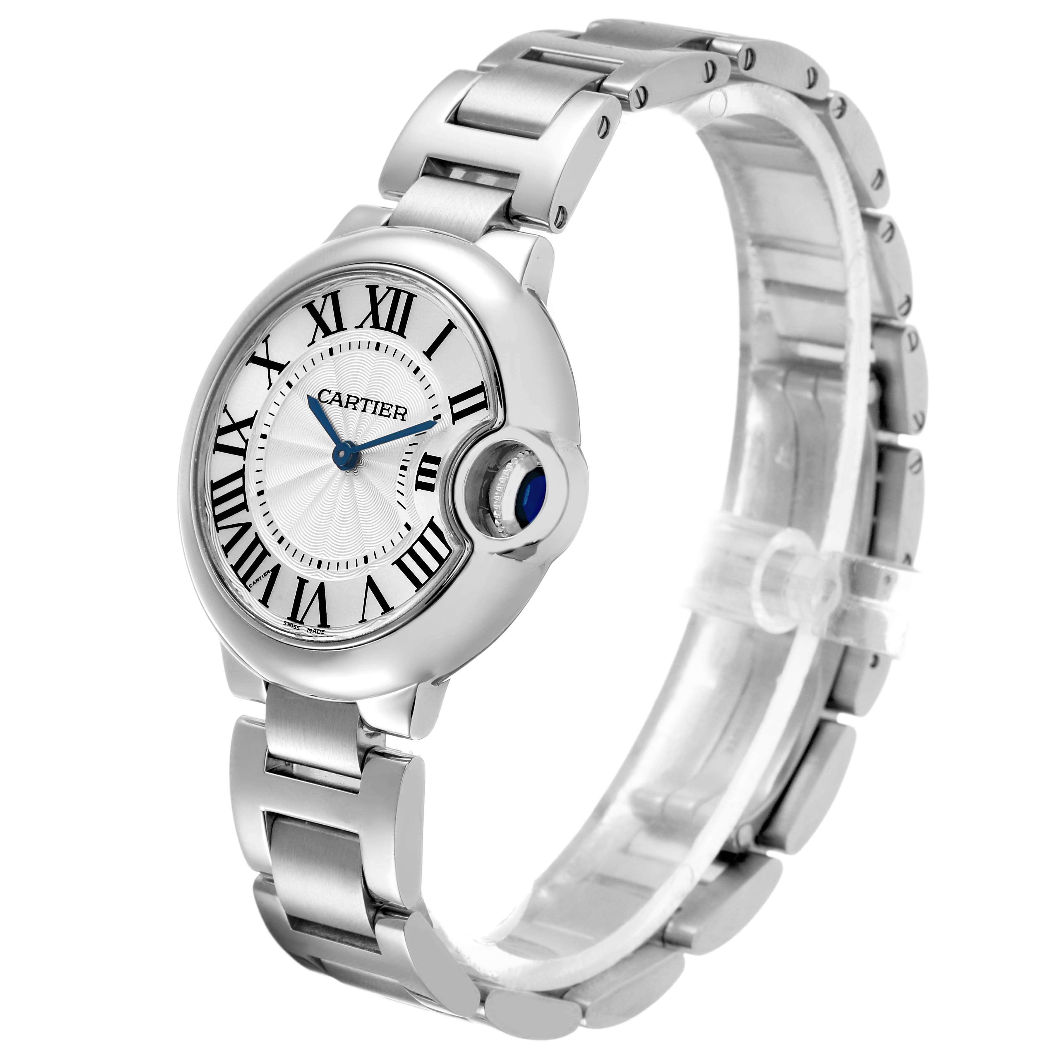 The Cartier Ballon Bleu W6920084 Women's Stainless Steel Silver Dial watch is shown from a front-side angle, displaying the face, bracelet, and crown with a blue cabochon.