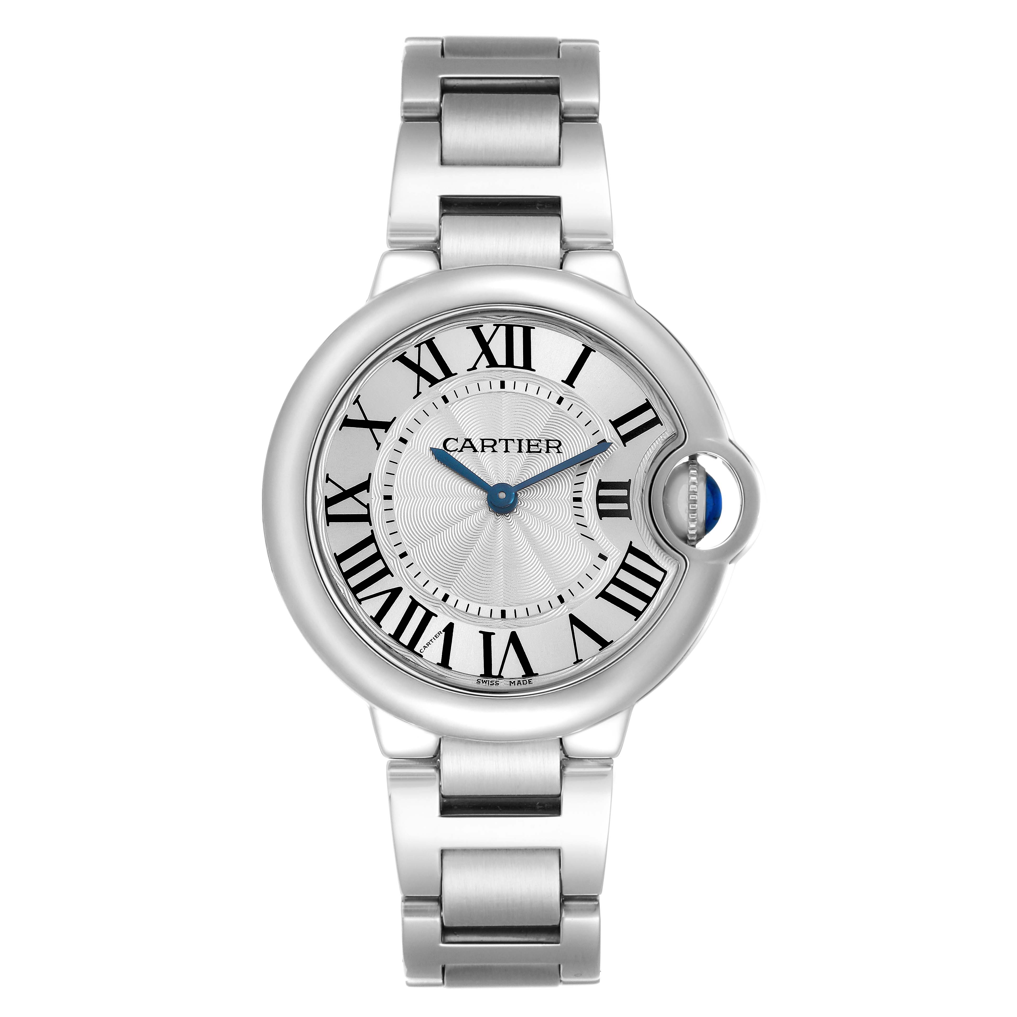 The Cartier Ballon Bleu W6920084 Women's Stainless Steel Silver Dial watch is shown from the front, highlighting the face, bracelet, and signature crown.