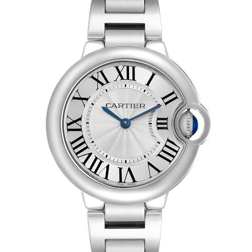 The Cartier Ballon Bleu W6920084 Women's Stainless Steel Silver Dial watch is shown from the front, highlighting the face, Roman numerals, and crown with a blue cabochon.