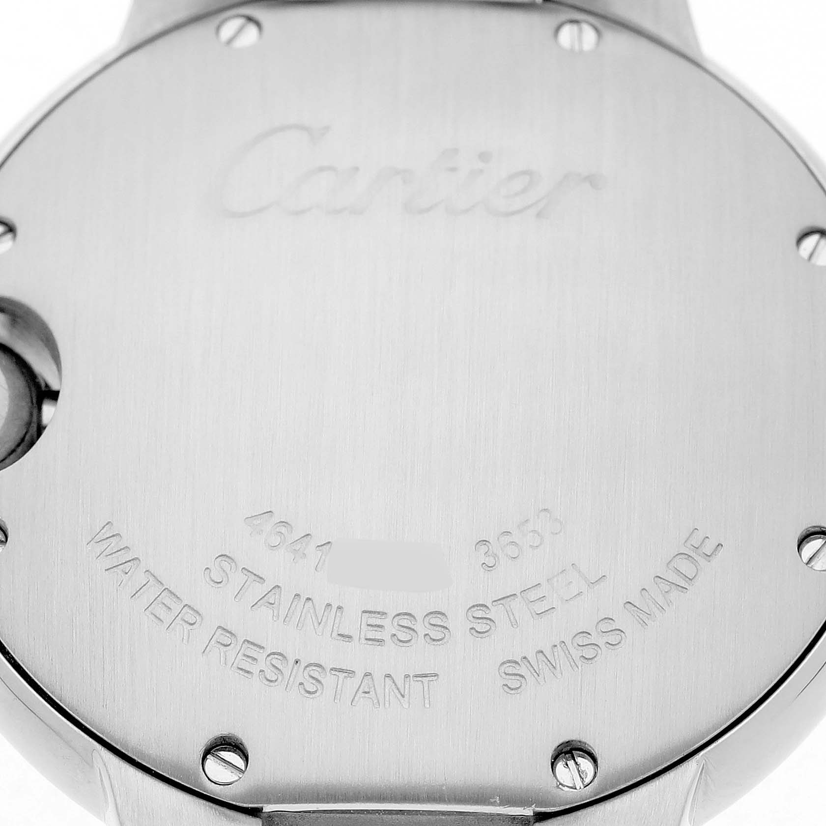 The image shows the back case of a Cartier Ballon Bleu W6920084 Women's Stainless Steel Silver Dial watch, highlighting its stainless steel material and engravings.