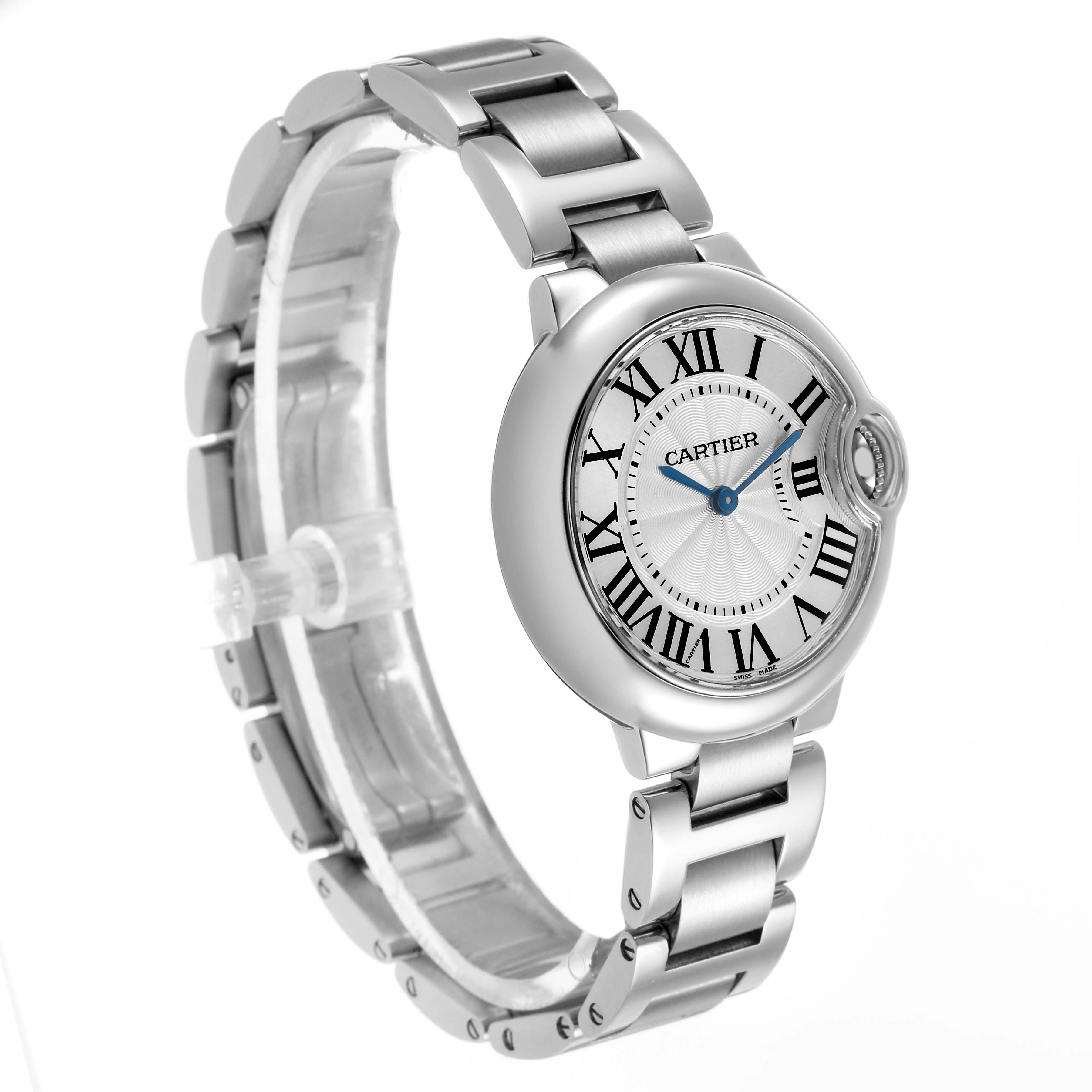 The Cartier Ballon Bleu W6920084 Women's Stainless Steel Silver Dial watch is shown at a three-quarter angle, highlighting its round case, roman numerals, and metal bracelet.