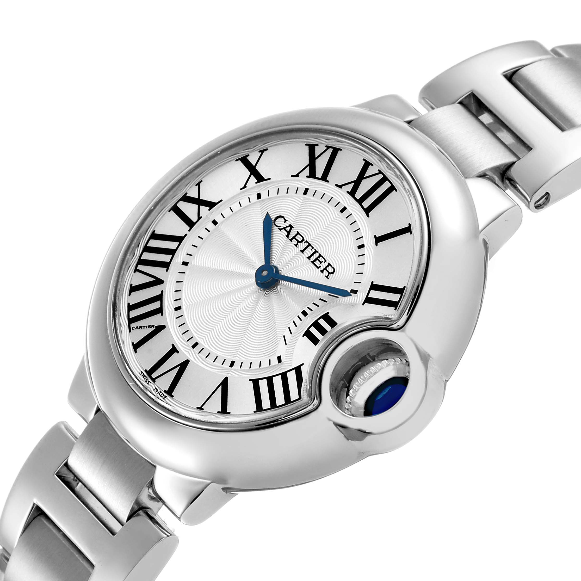 The Cartier Ballon Bleu W6920084 Women's Stainless Steel Silver Dial watch is shown at an angled close-up, highlighting its Roman numerals, blue hands, and signature crown.