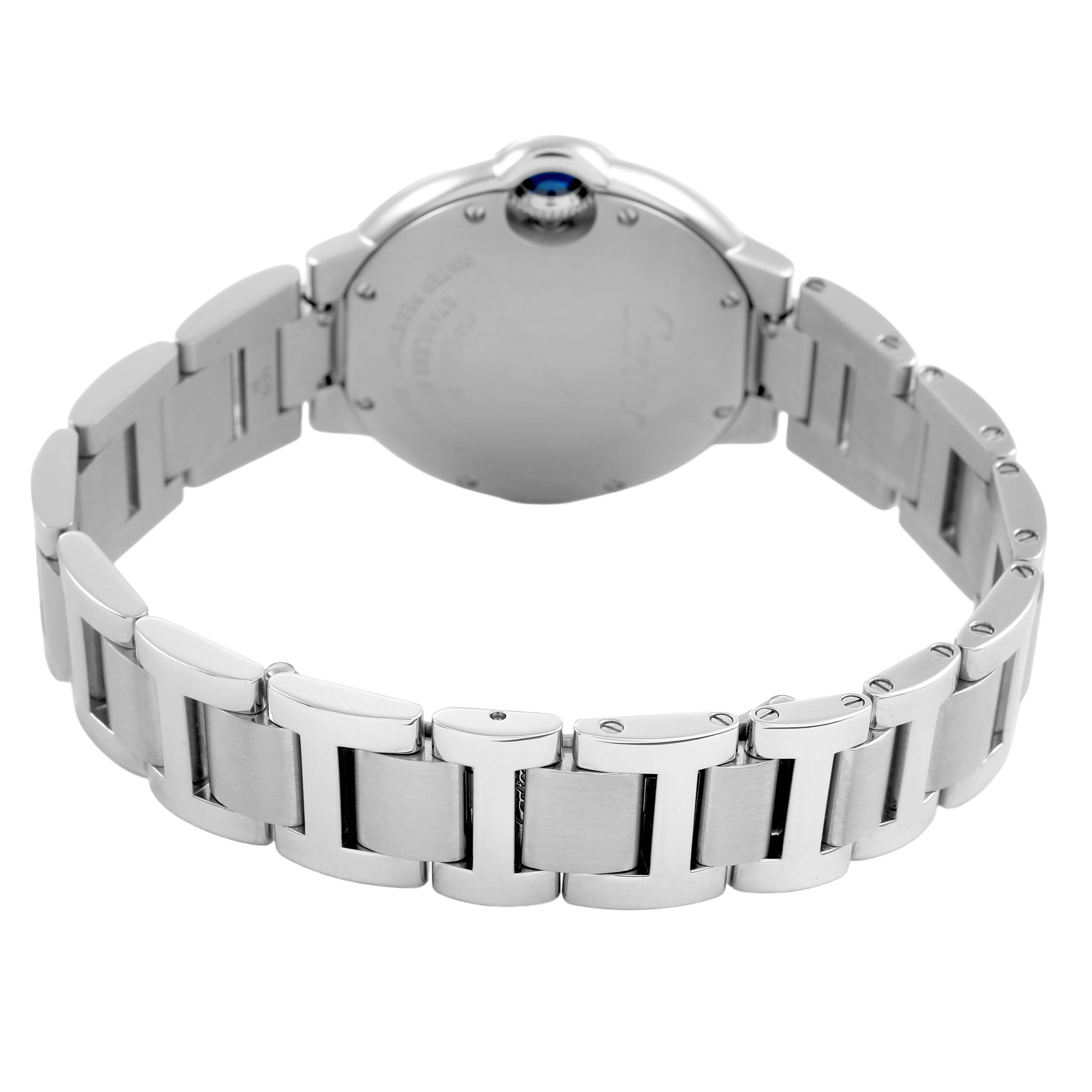 The image shows the backside of a Cartier Ballon Bleu W6920084 Women's Stainless Steel Silver Dial watch, highlighting its stainless steel bracelet and case back.