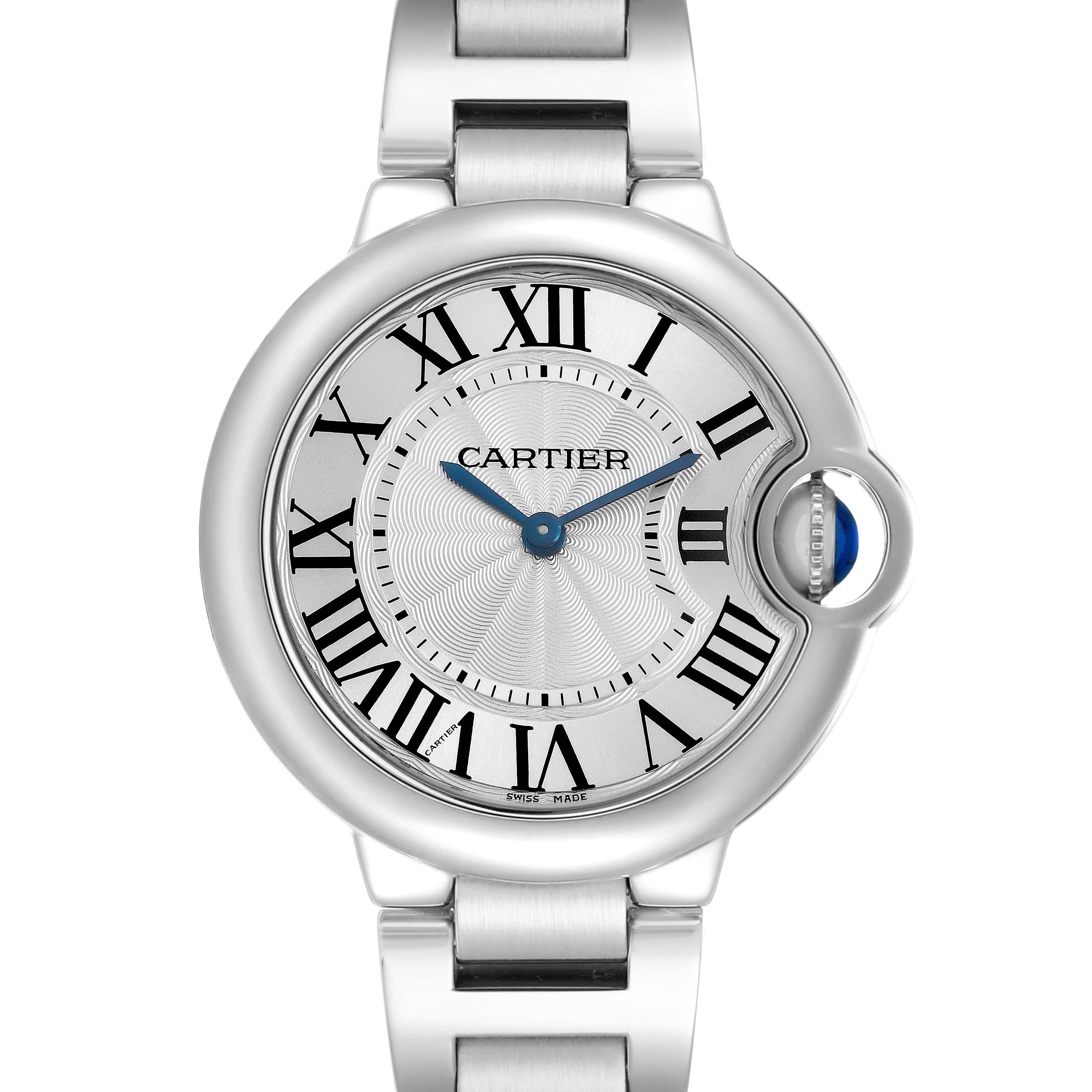 The Cartier Ballon Bleu W6920084 Women's Stainless Steel Silver Dial watch is shown from the front, displaying its round face, Roman numerals, and silver bracelet.
