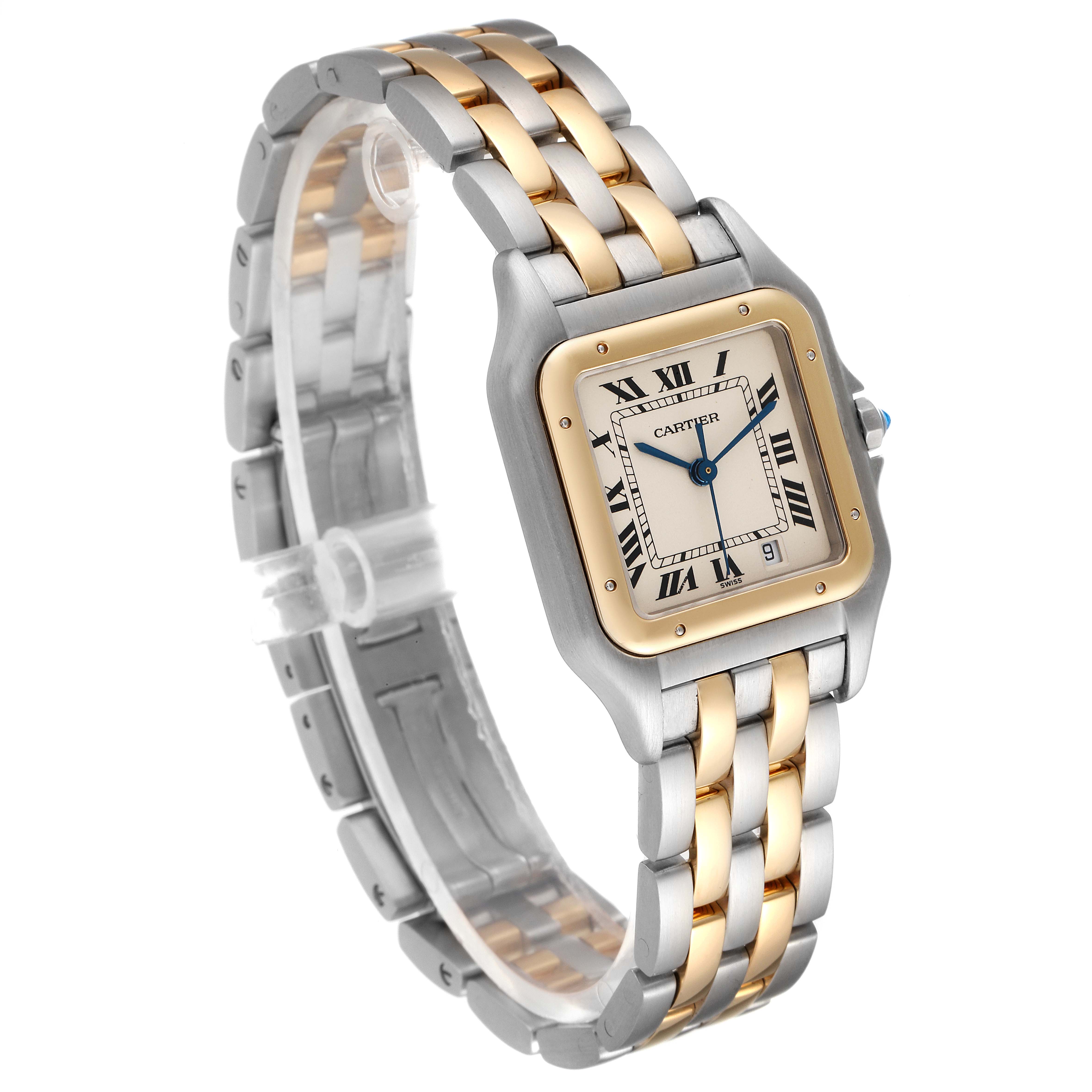The image shows a Panthere model by Cartier from a three-quarter angle, highlighting its two-tone bracelet and square face with Roman numerals.