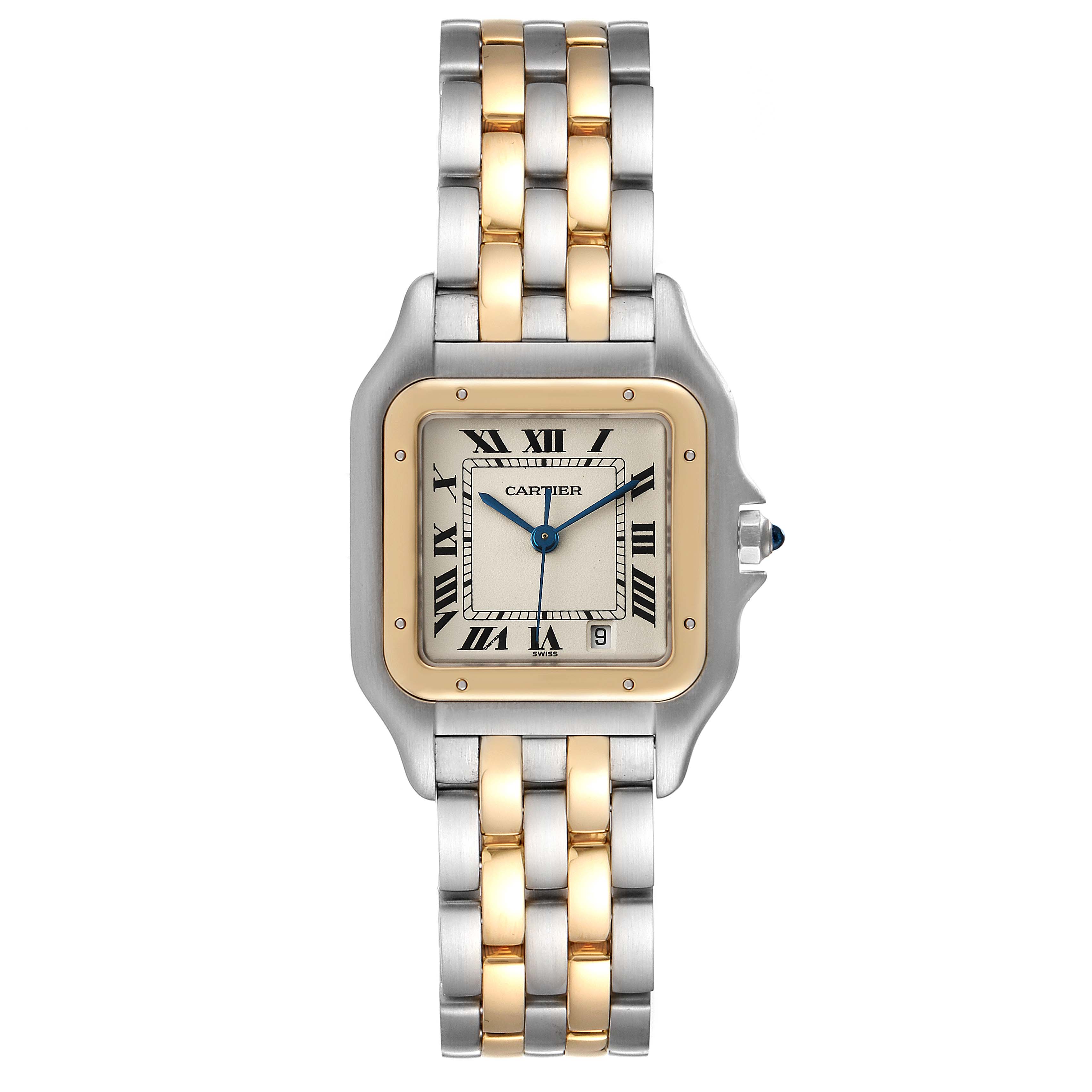 This Cartier Panthere W25028B8 Men
s Steel and Gold (two tone) Silver Dial W25028B8 Men
s Steel and Gold (two tone) Silver Dial watch is shown from a top-down angle, highlighting the face, bezel, and two-tone bracelet.
