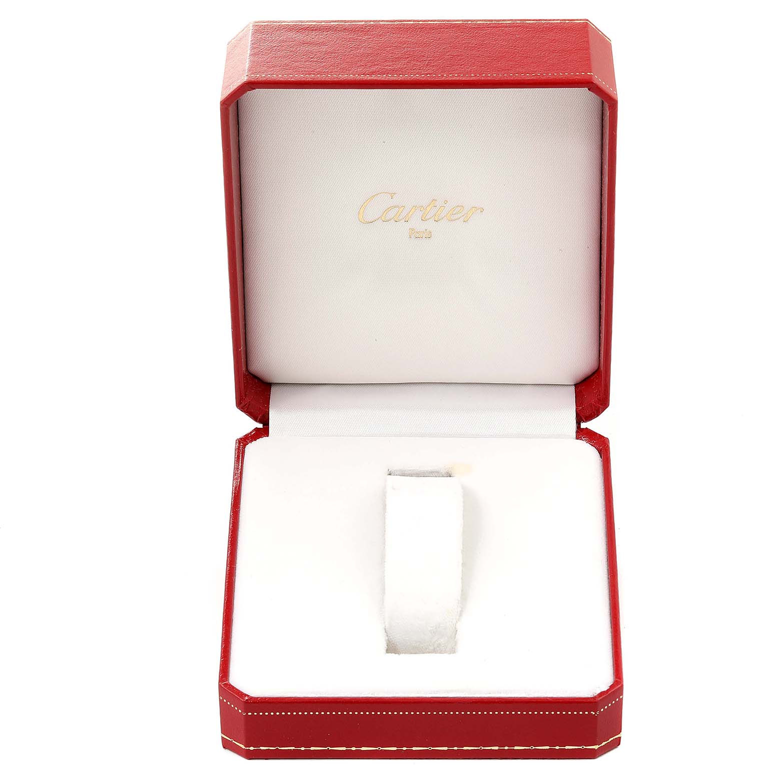 The image shows an open Cartier Panthere W25028B8 Men
s Steel and Gold (two tone) Silver Dial W25028B8 Men
s Steel and Gold (two tone) Silver Dial watch box, with the watch not present inside the padded interior.