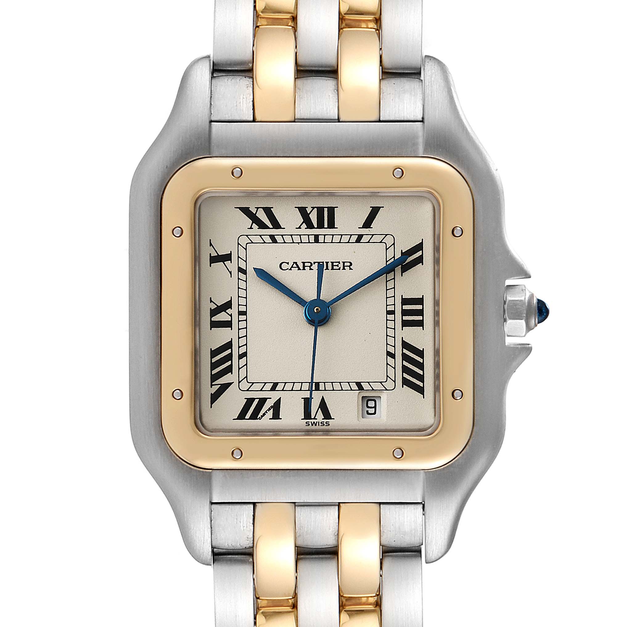 This Cartier Panthère watch is shown from the front, displaying the face, bezel, sapphire crown, and part of the two-tone bracelet.
