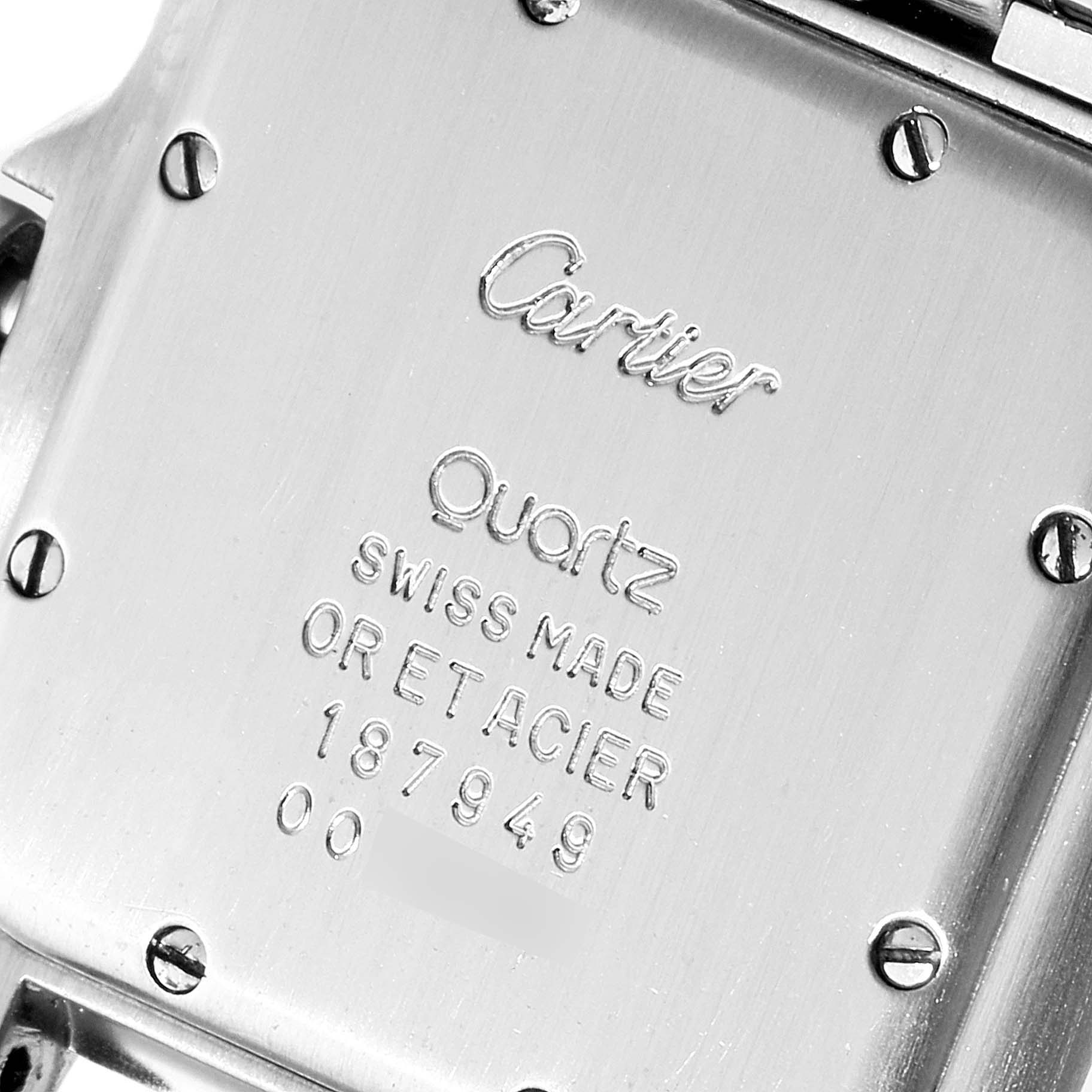 The image shows the back case of a Cartier Panthere W25028B8 Men
s Steel and Gold (two tone) Silver Dial W25028B8 Men
s Steel and Gold (two tone) Silver Dial model watch at a close-up angle, highlighting the engraved details.