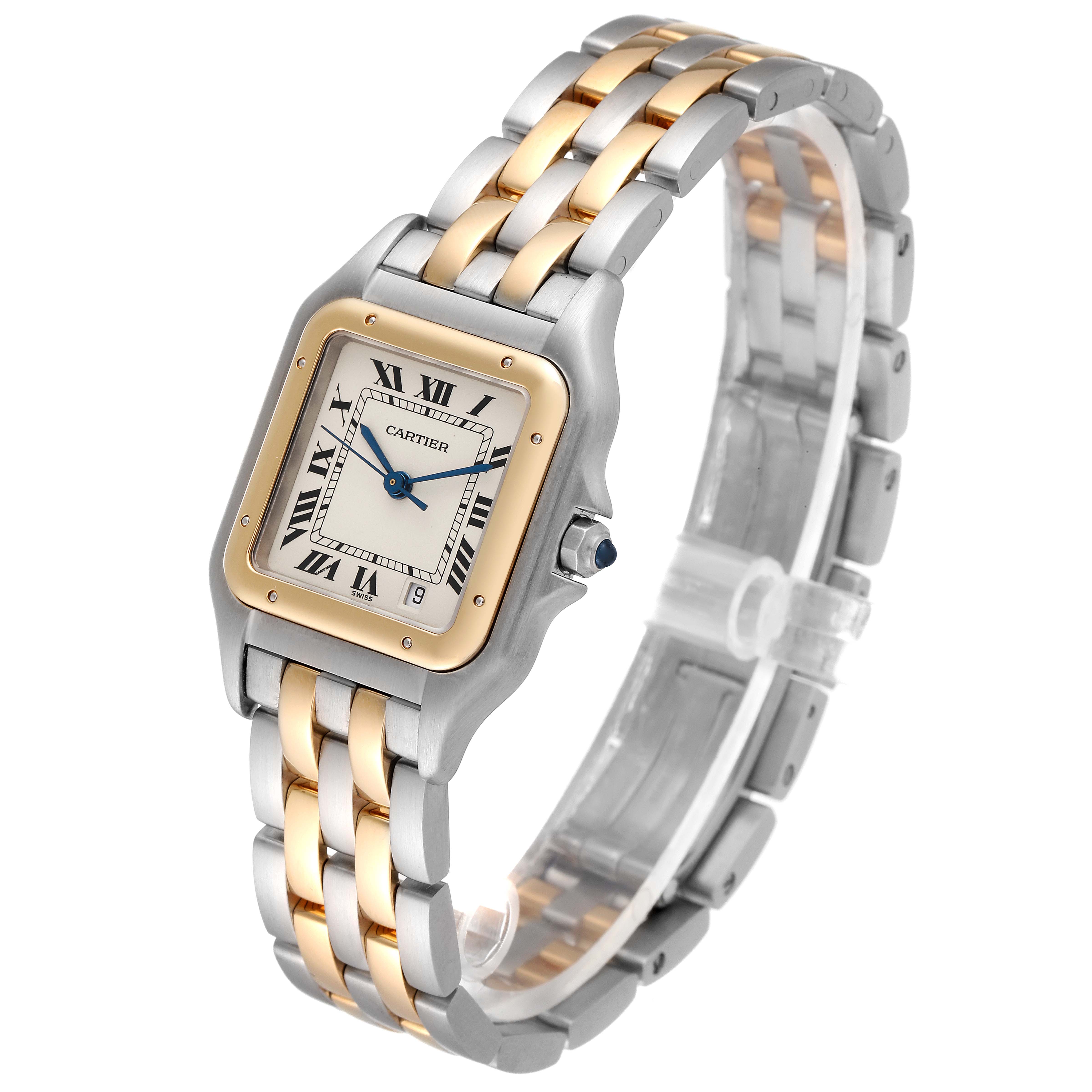 The image shows a Cartier Panthere W25028B8 Men
s Steel and Gold (two tone) Silver Dial W25028B8 Men
s Steel and Gold (two tone) Silver Dial watch, focusing on the face, bezel, and bracelet at a slightly tilted angle.