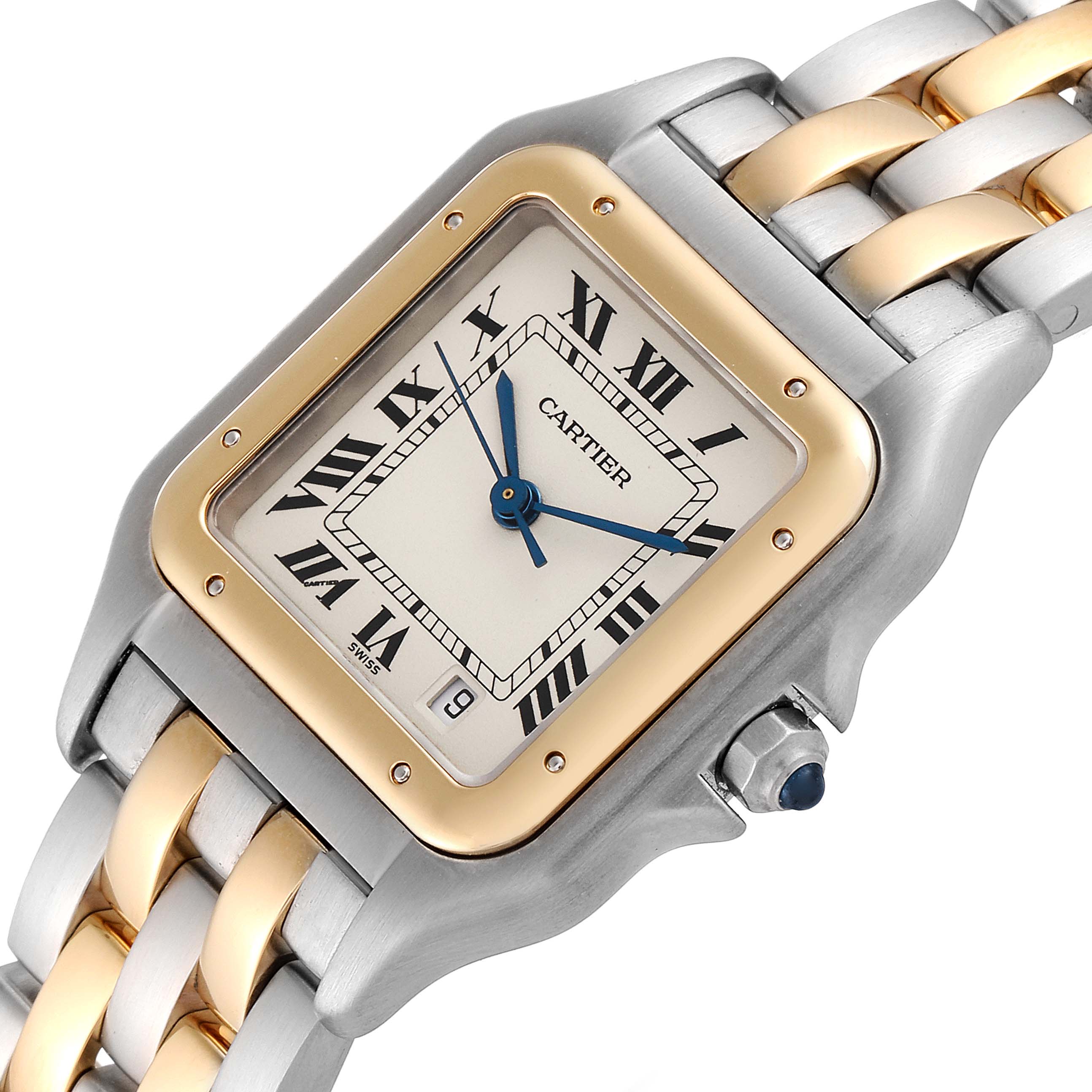 The image shows a close-up of the Cartier Panthere W25028B8 Men
s Steel and Gold (two tone) Silver Dial W25028B8 Men
s Steel and Gold (two tone) Silver Dial watch face, bezel, and part of the two-tone bracelet.